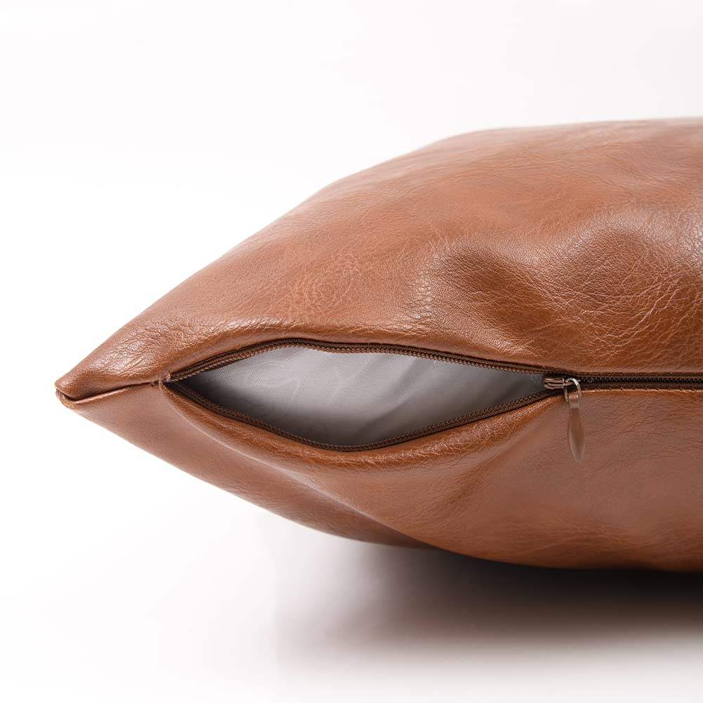 Fancy Homi Brown Boho Long Lumbar Faux Leather Body Decorative Throw Pillow Cover 14x36 Inch for Bedroom Couch Bed Bench, Thick Stylish Solid Rectangle Pillowcase, Rustic Modern Farmhouse Room Decor