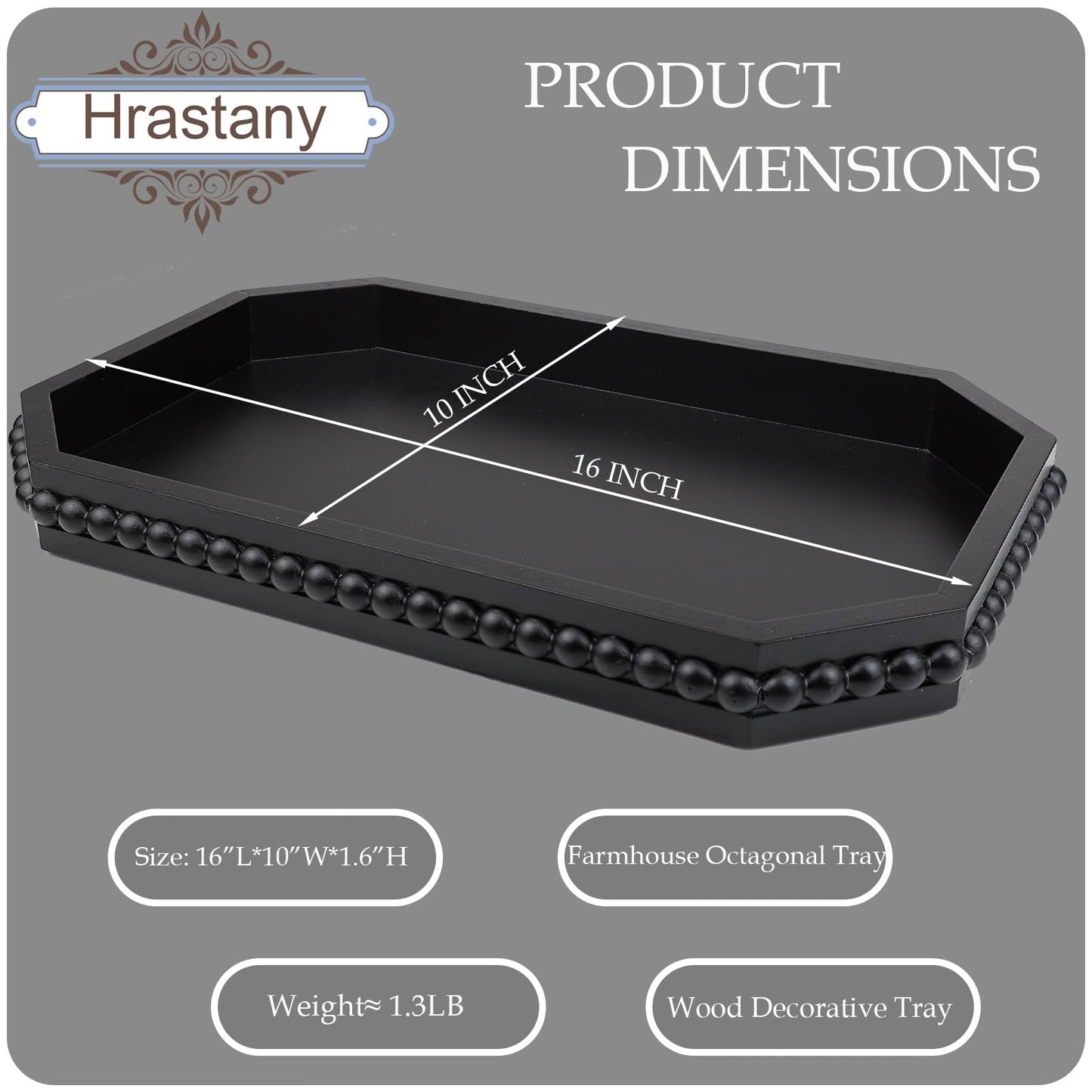 Hrastany Wood Rustic Serving Tray with Beads, Farmhouse Brown Decorative Tray for Table Centerpiece, Christmas Wedding Halloween Home Decor