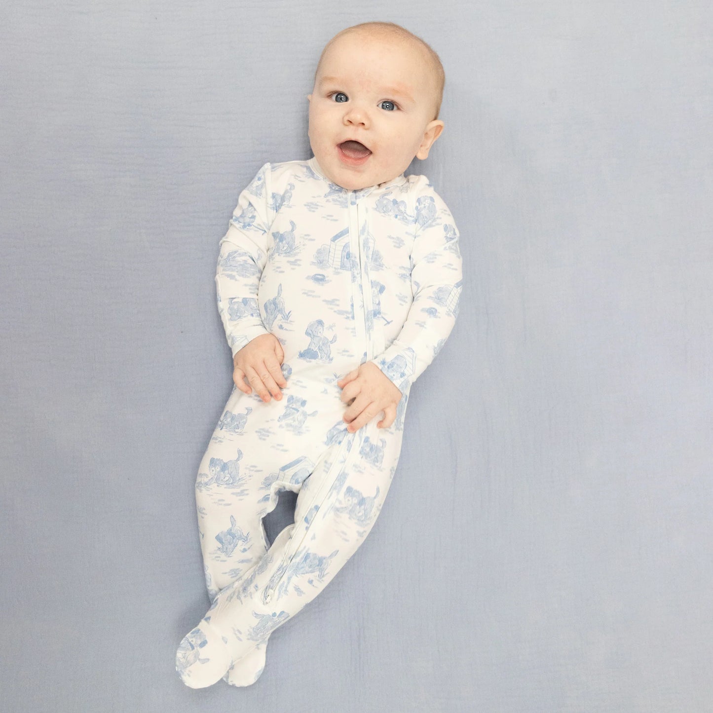 Puppy Toile Blue- 2 Way Zipper Footie