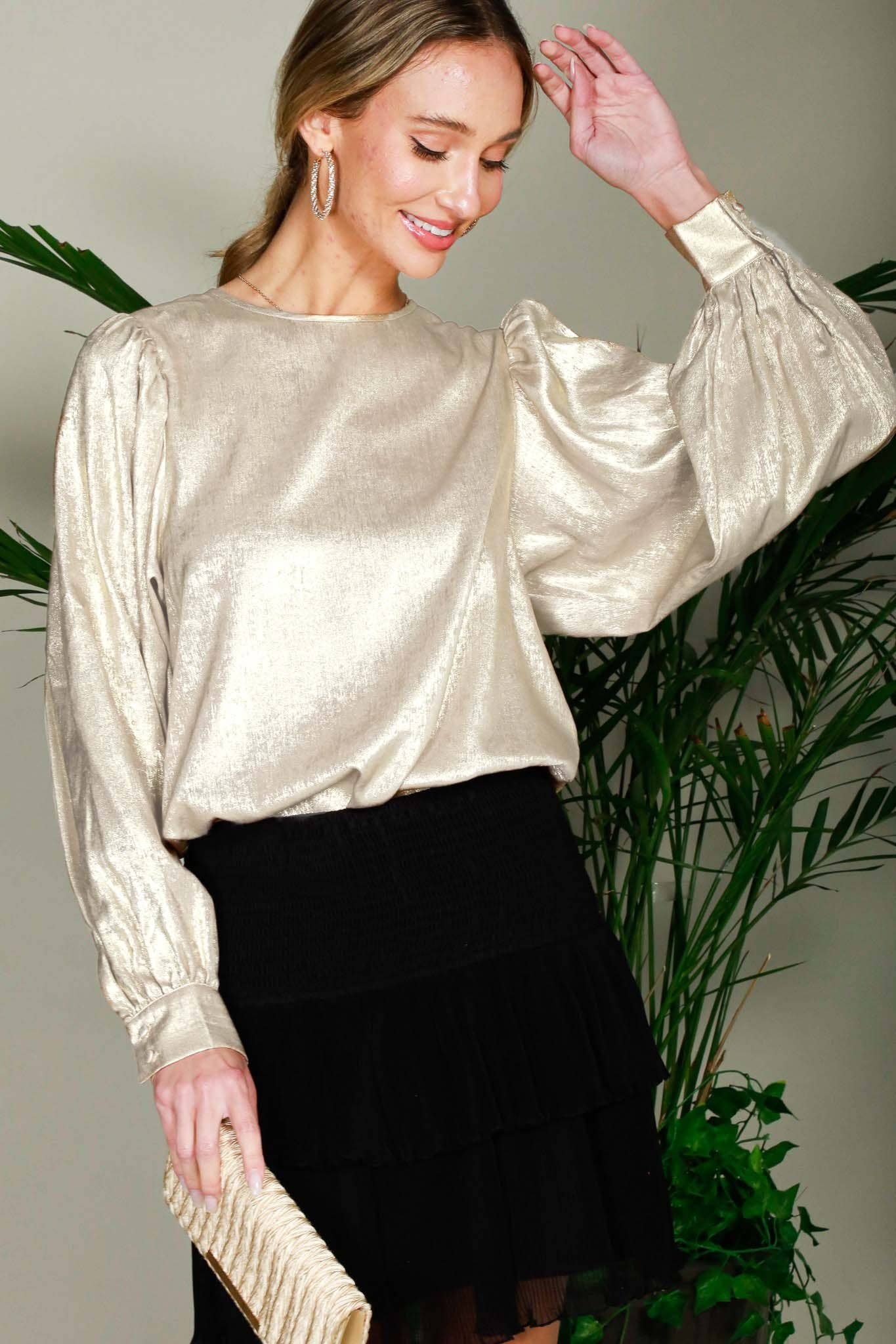 Long Balloon Sleeve Round Neck Metallic Woven BlouseVT31320D: Hunter Green / S