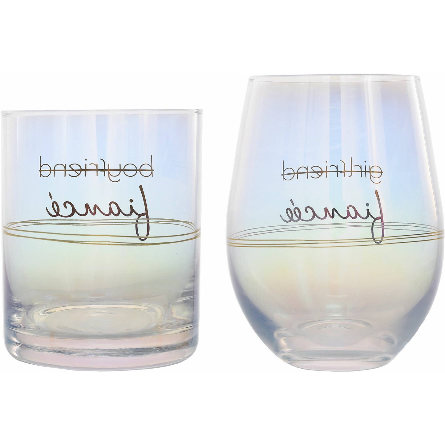Set/2 Fiancé/Fiancée - 11 oz Rocks & 18 oz Stemless Wine Glass Set