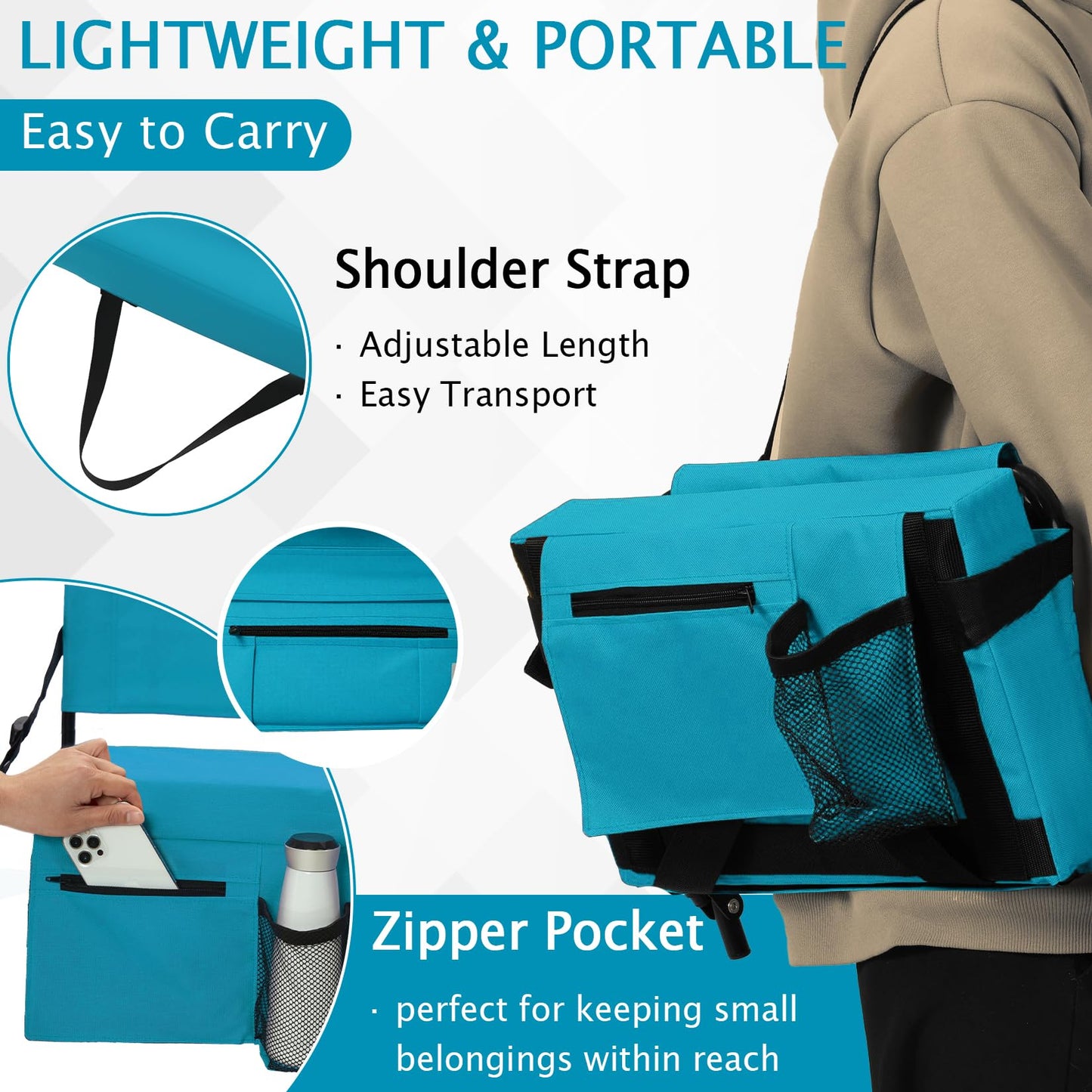 2pcs Stadium Seat for Bleachers with Back Support，Portable Bleacher Chairs with Back and Cushion，Includes Shoulder Strap and Cup Holder