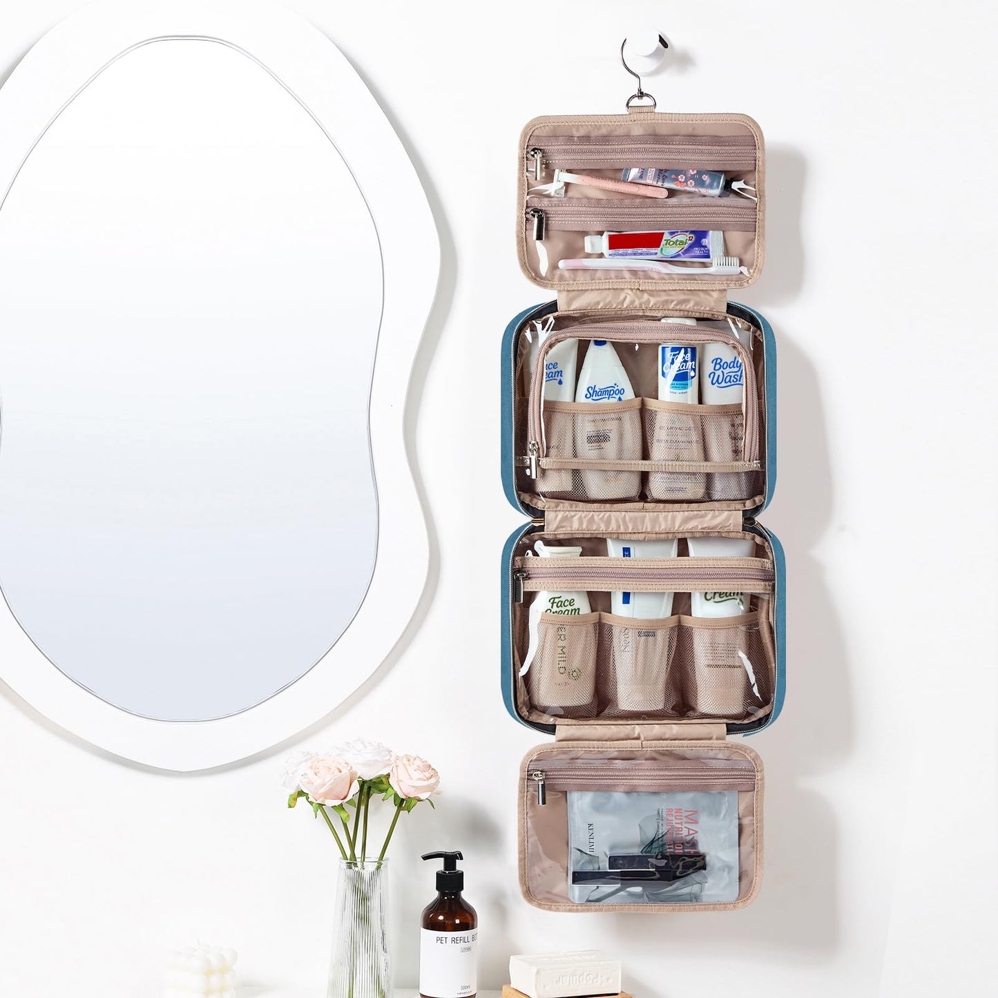 NISHEL Travel Toiletry Bag for women, Portable Hanging makeup Organizer
