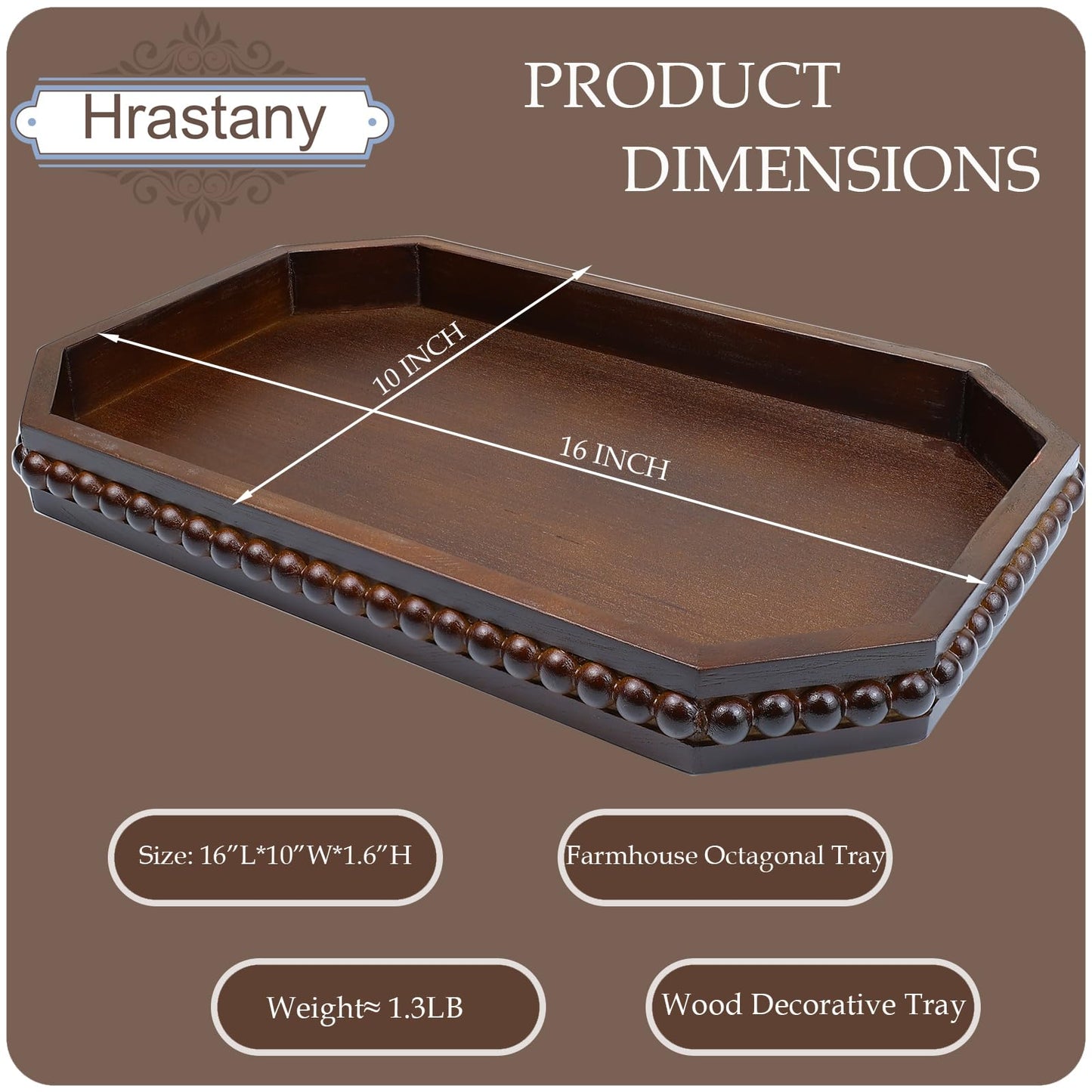 Hrastany Wood Rustic Serving Tray with Beads, Farmhouse Brown Decorative Tray for Table Centerpiece, Christmas Wedding Halloween Home Decor