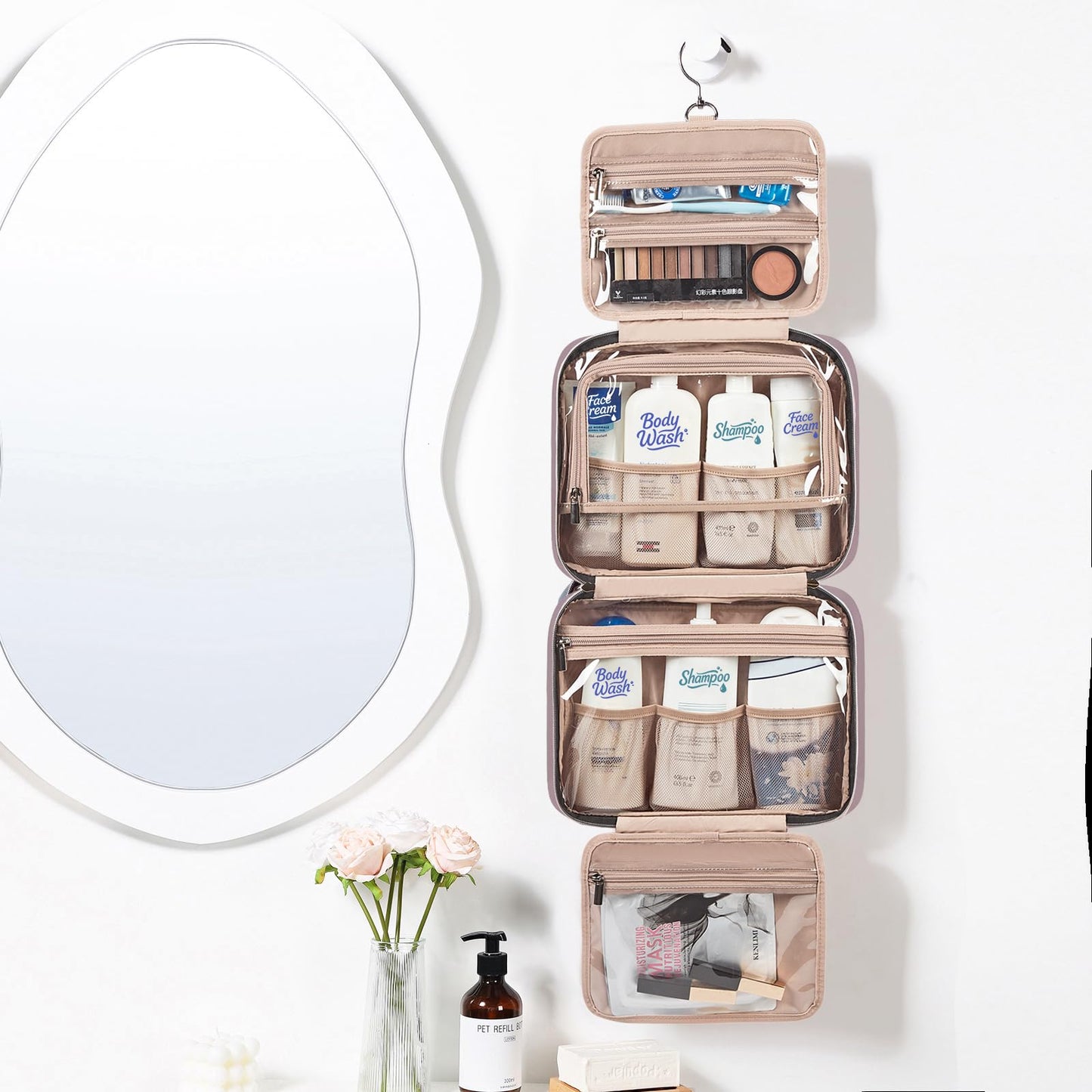 NISHEL Travel Toiletry Bag for women, Portable Hanging makeup Organizer