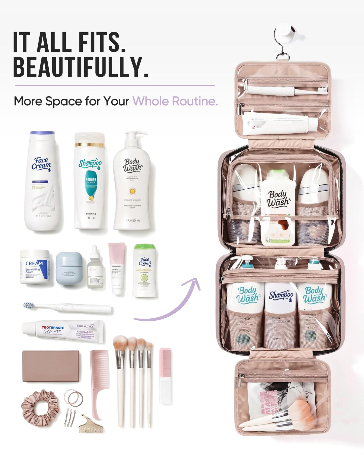 NISHEL Travel Toiletry Bag for women, Portable Hanging makeup Organizer