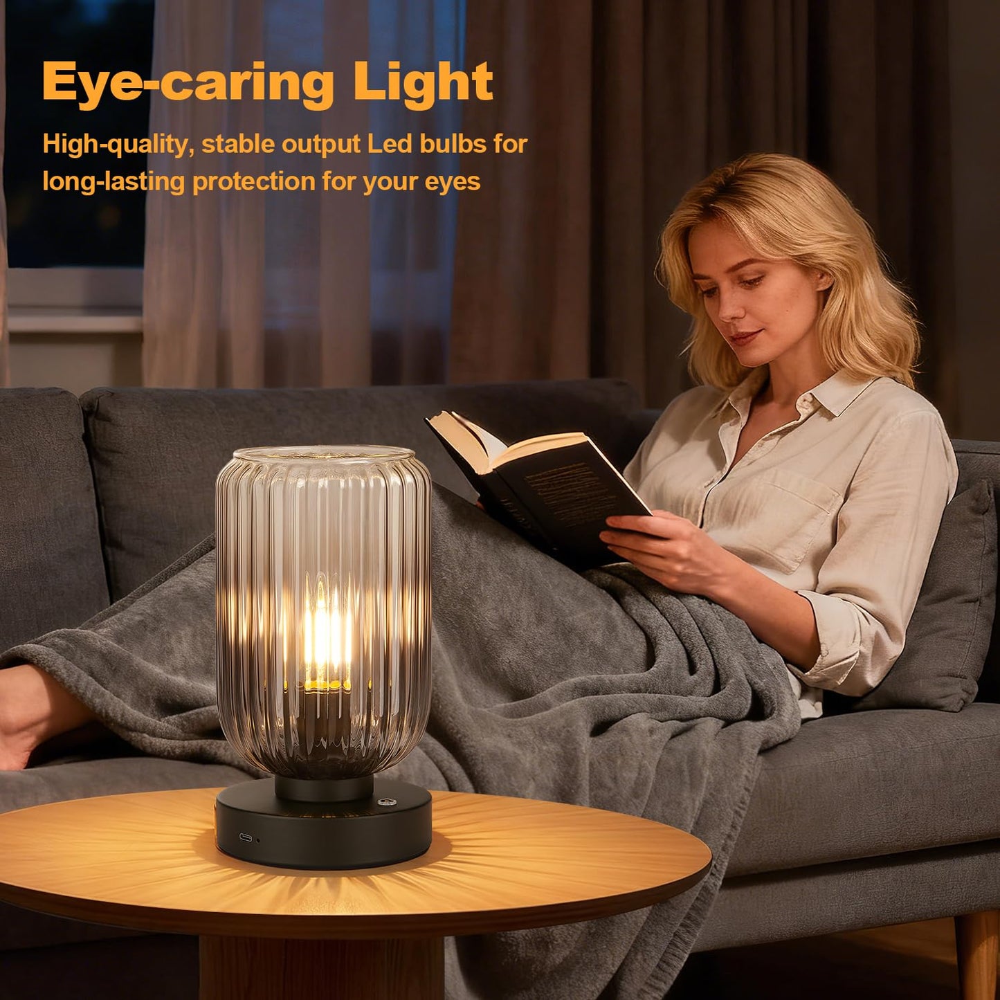 LightRound Cordless Table Lamp for Bedroom, Touch Stepless Dimmable, Modern