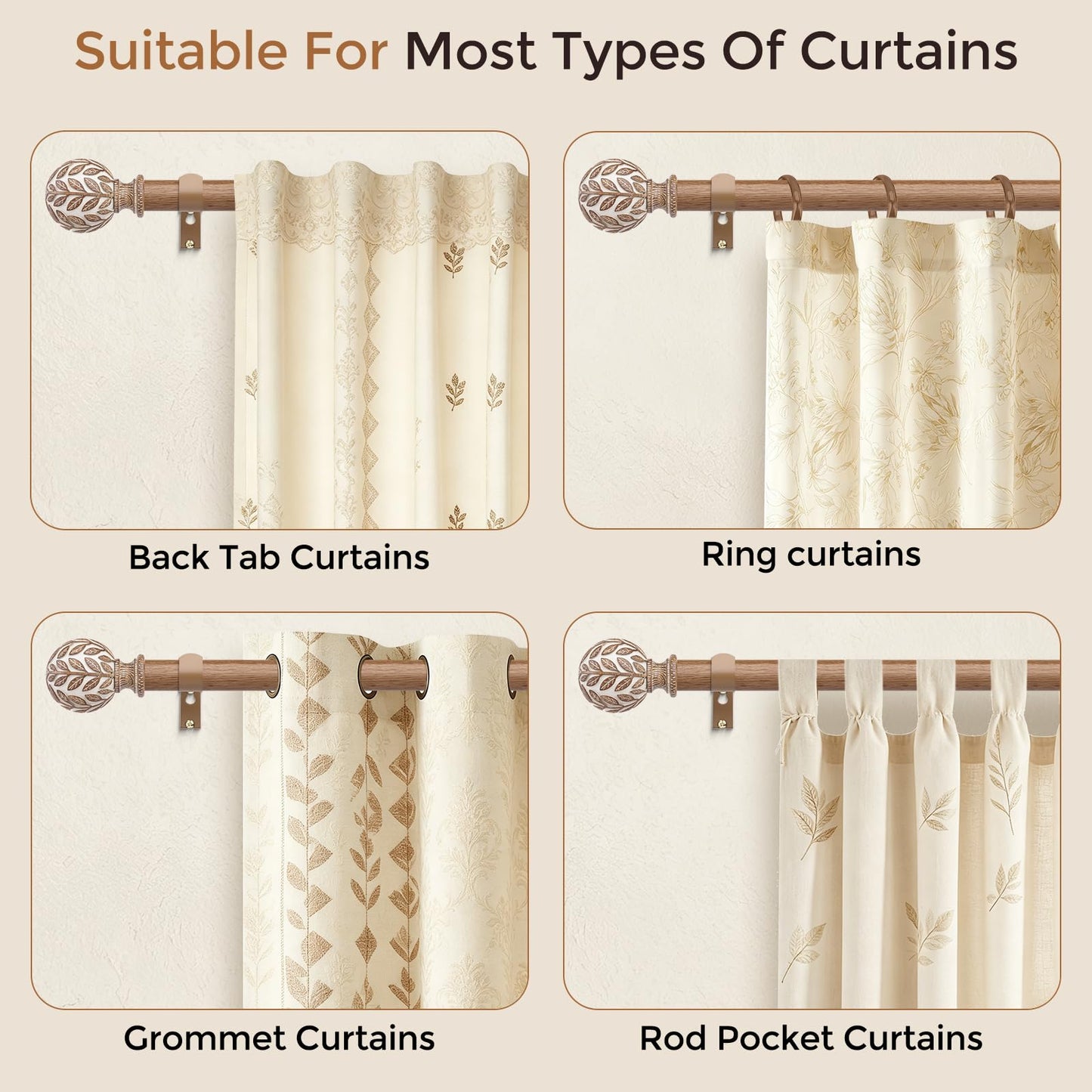 Curtain Rod 36-91 Inch, Boho Wood 1 Inch Curtain Rods for Windows