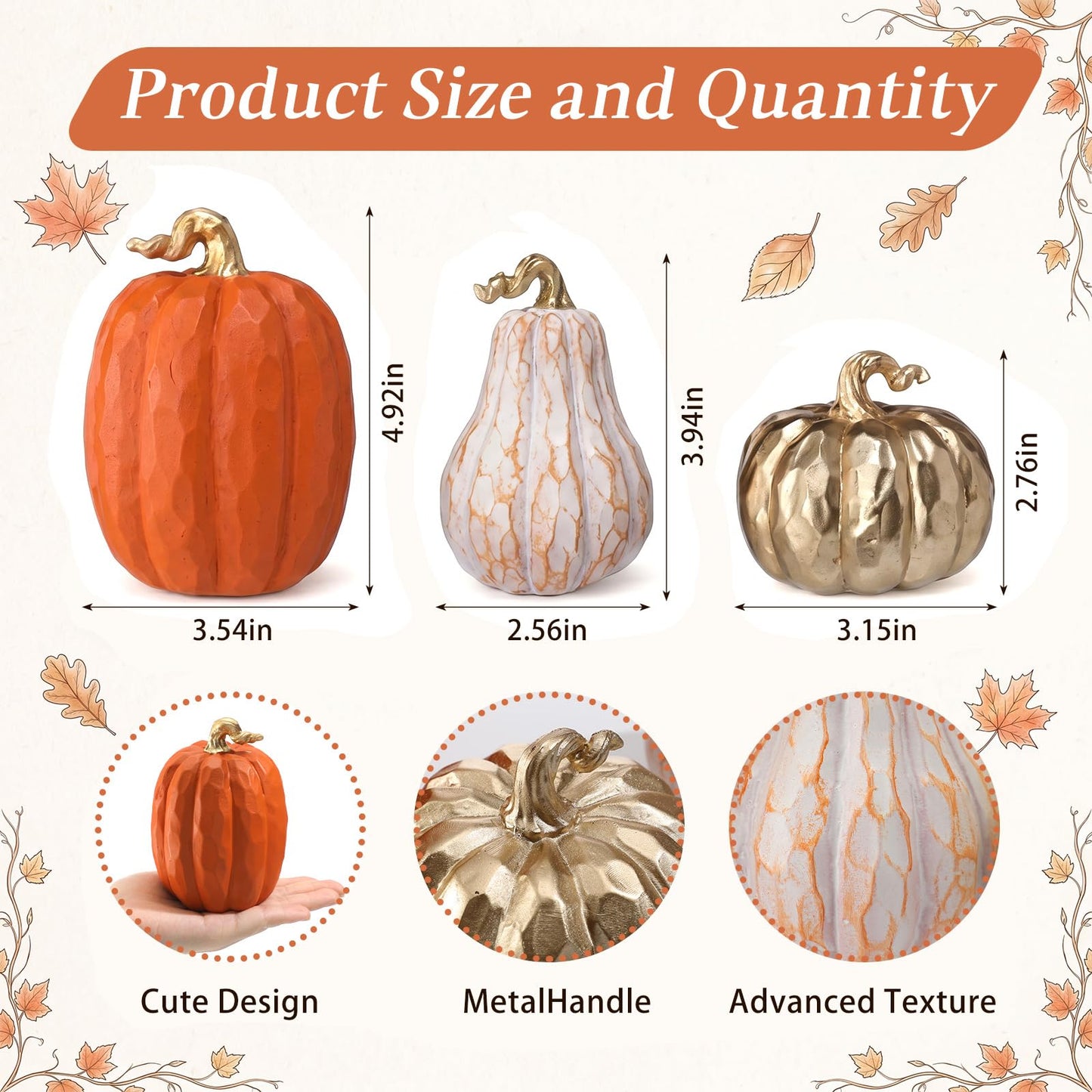 VioraWhite 3 Pack Fall Pumpkin Decor White Gold Resin Pumpkin Figurine