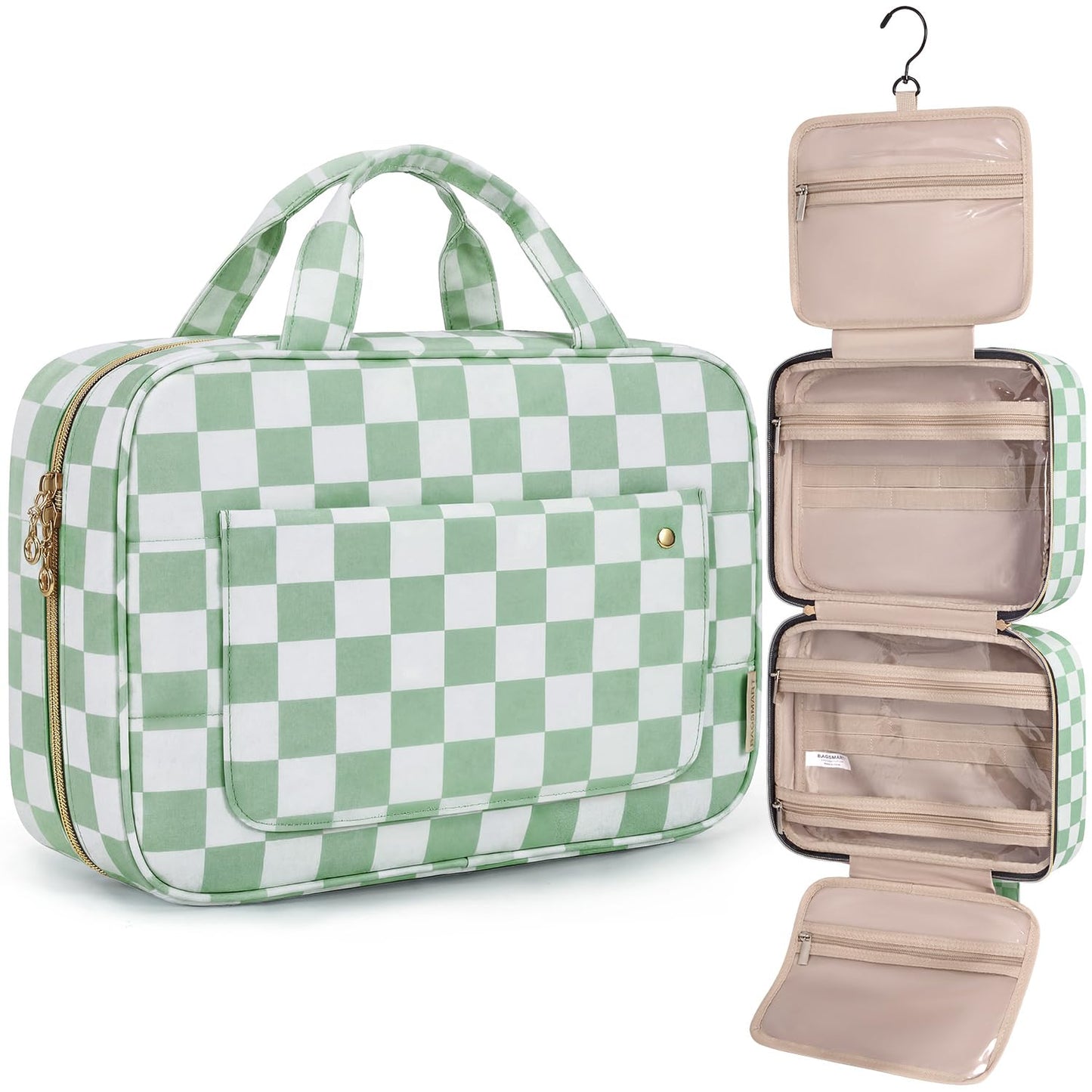 BAGSMART Toiletry Bag Travel Bag with Hanging Hook, Water-resistant Makeup Cosmetic Bag Travel Organizer for Accessories, Shampoo, Full-size Container, Toiletries (Green Checkerboard, Large)