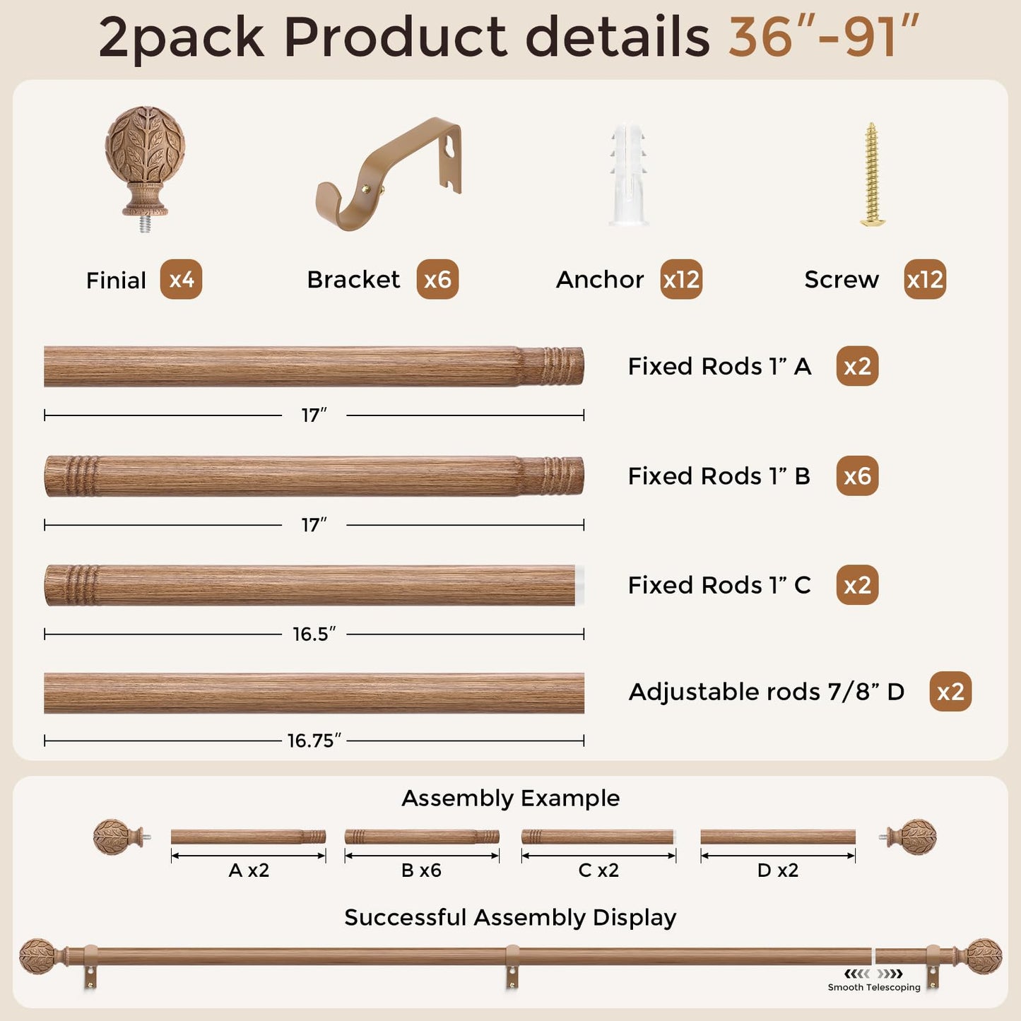 Curtain Rod 36-91 Inch, Boho Wood 1 Inch Curtain Rods for Windows