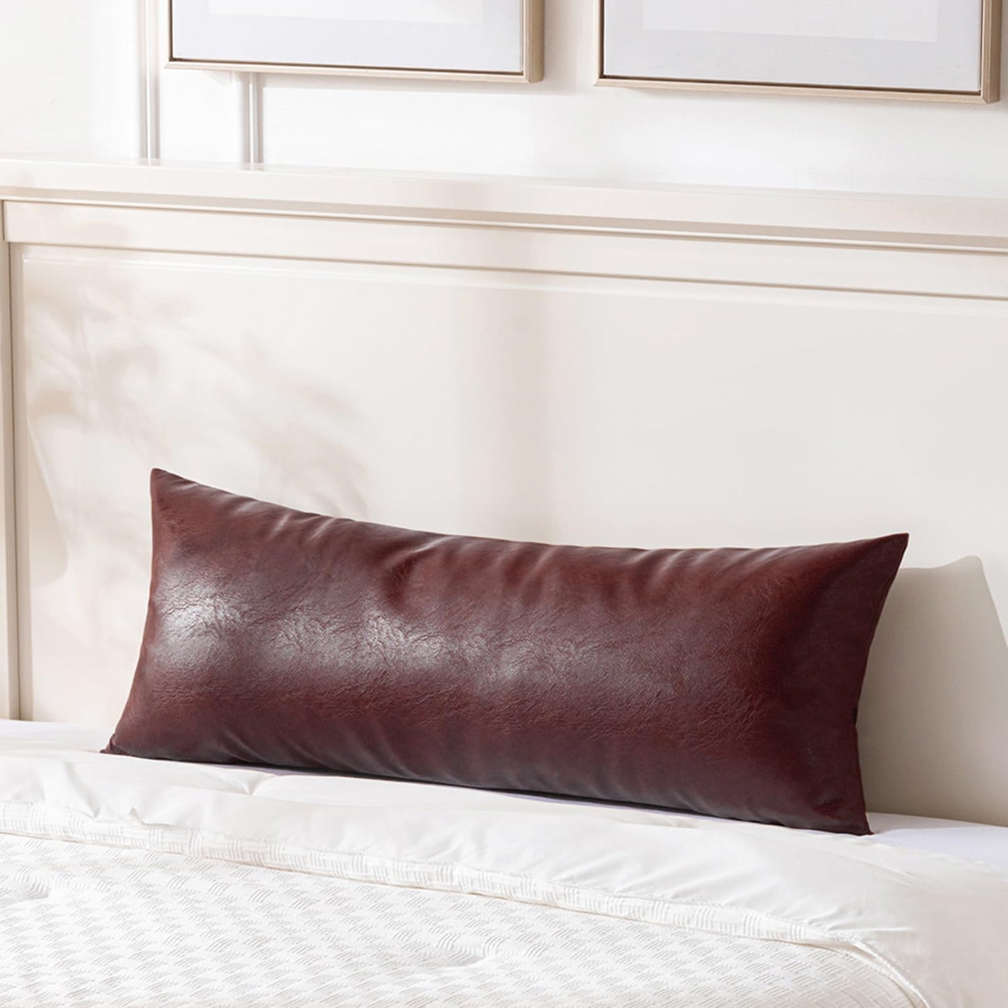 Fancy Homi Brown Boho Long Lumbar Faux Leather Body Decorative Throw Pillow Cover 14x36 Inch for Bedroom Couch Bed Bench, Thick Stylish Solid Rectangle Pillowcase, Rustic Modern Farmhouse Room Decor