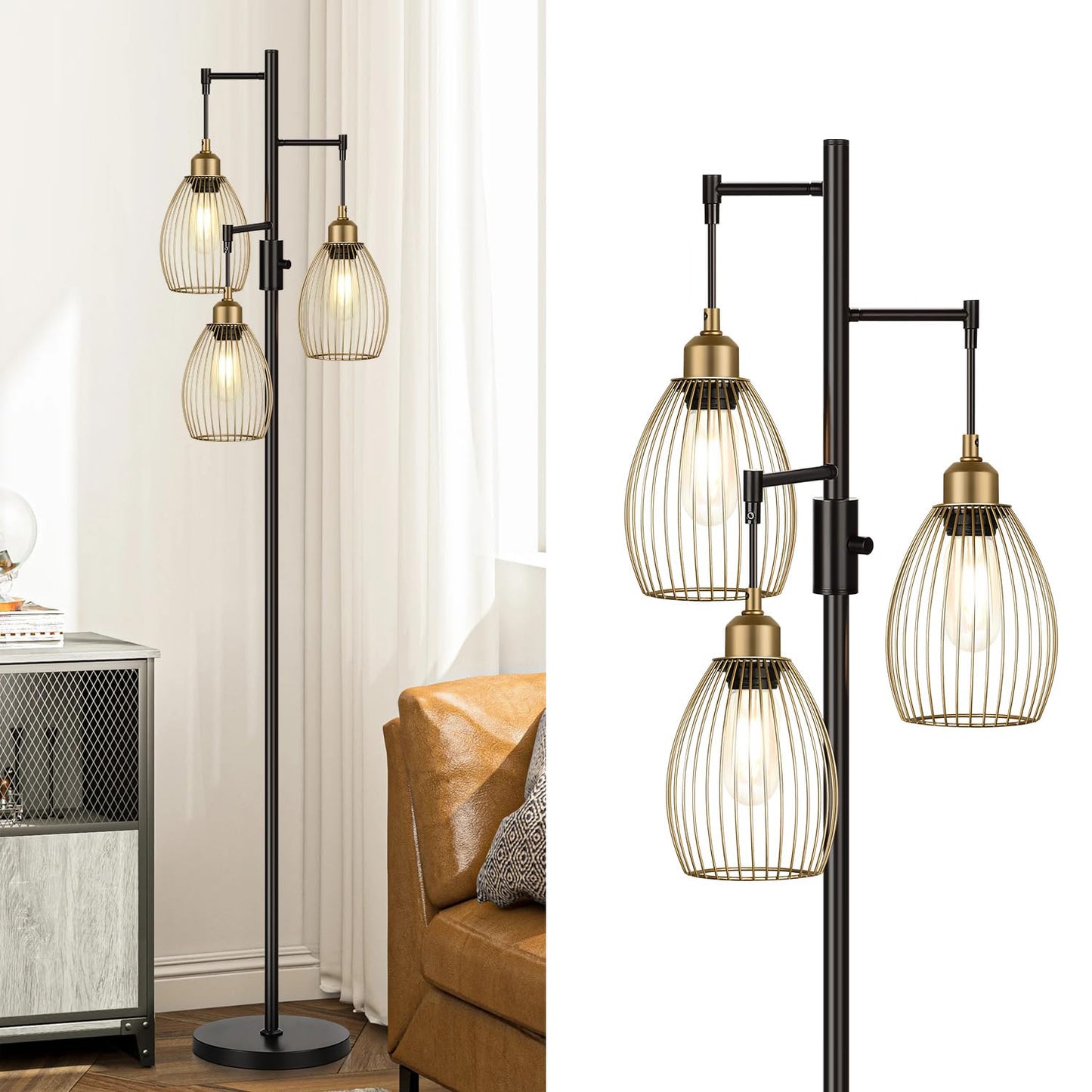 Dimmable Floor Lamp, Industrial Floor Lamps for Living Room, Gold Tree Lamp Standing Lamp Tall Lamps with 3 Elegant Teardrop Cage Head & 800 Lumens LED Bulbs for Living room Bedroom Office Dining Room