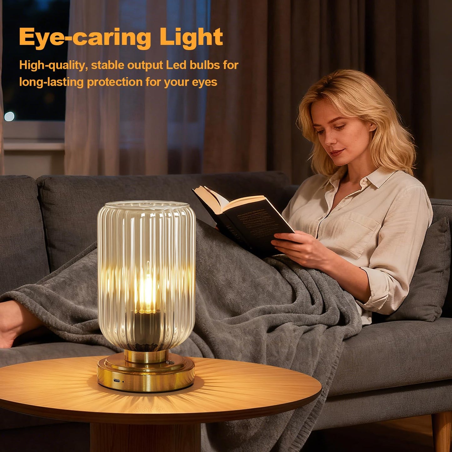 LightRound Cordless Table Lamp for Bedroom, Touch Stepless Dimmable, Modern
