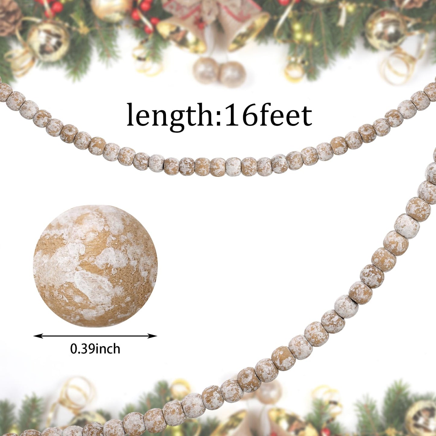 WILLBOND 16 Feet Wood Bead Garland Christmas Tree, Wood Color