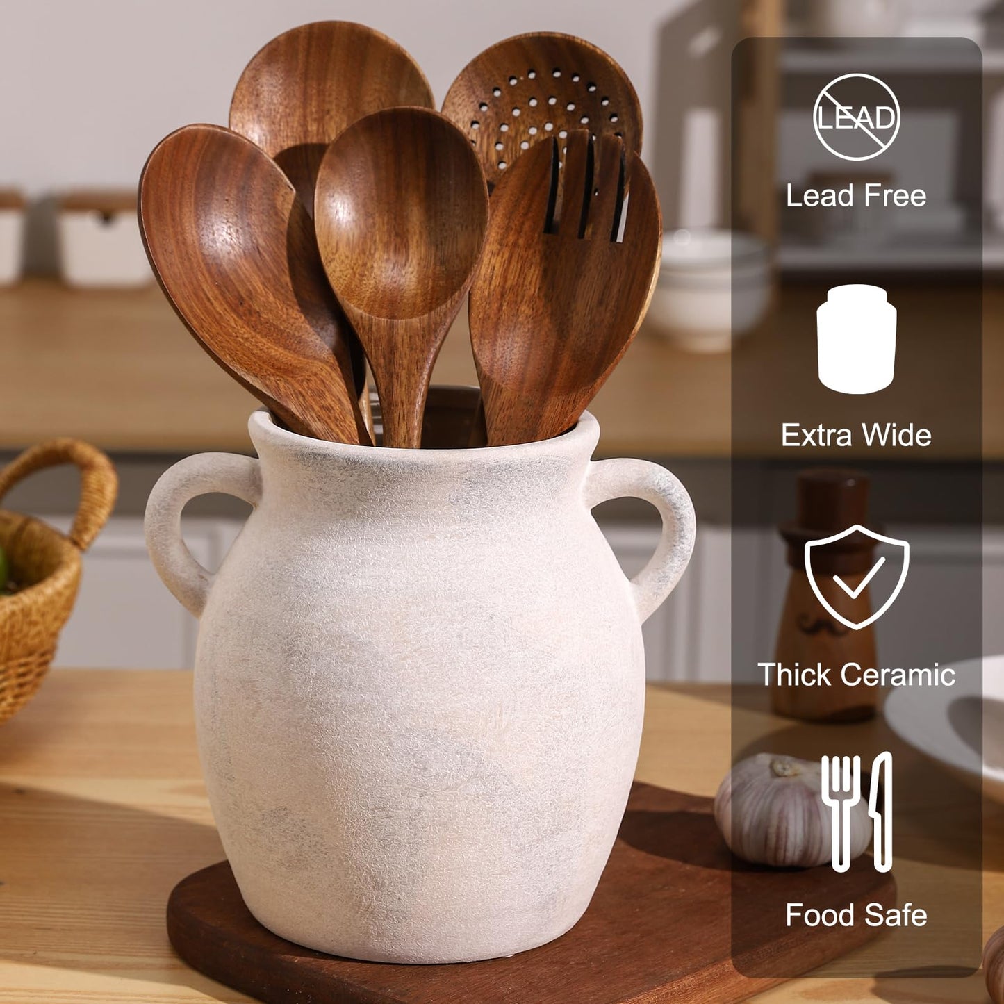 Ceramic Farmhouse Kitchen Utensil Holder for Countertop, Rustic Cooking Utensil Holder Crock Fit for Kitchen Counter.