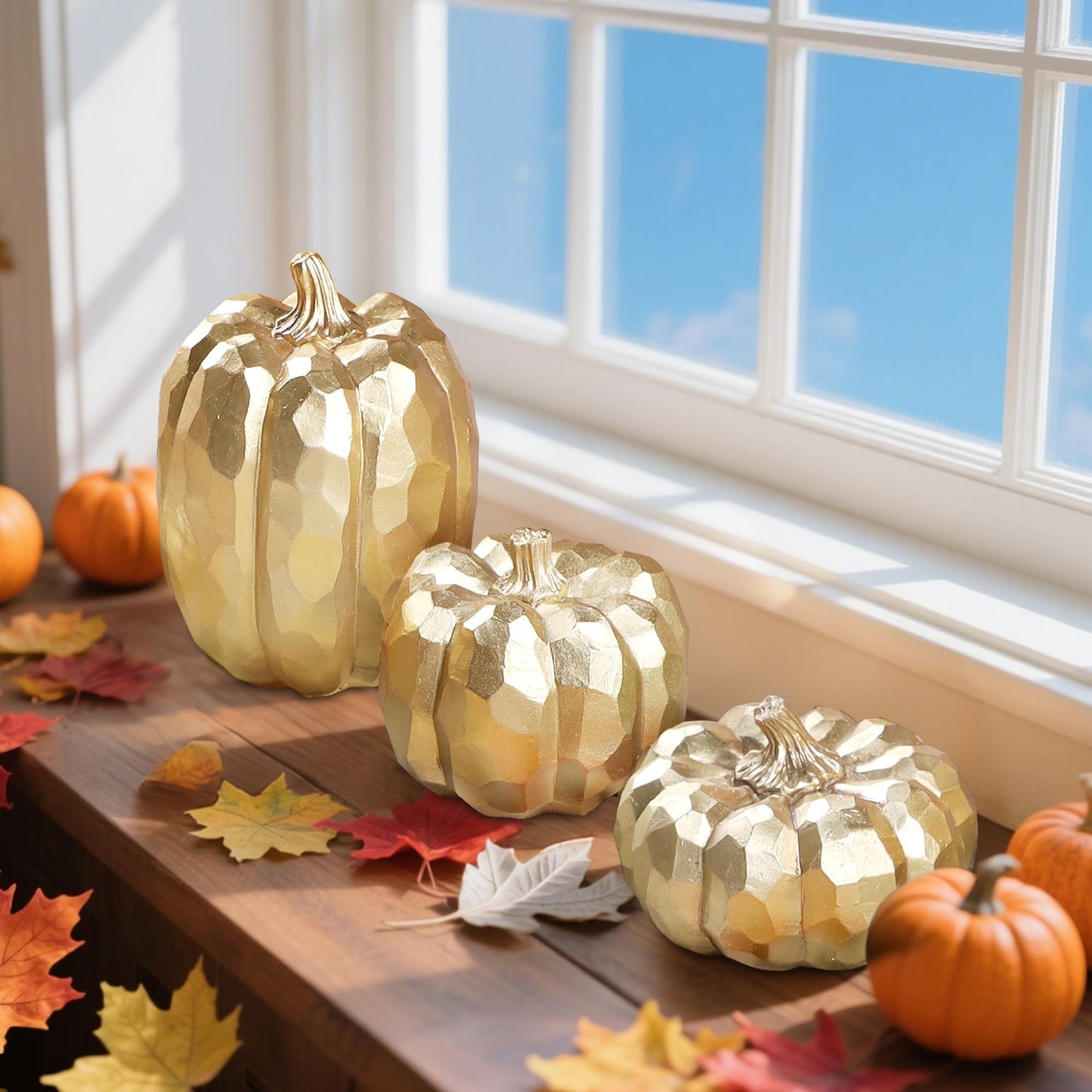 winemana 12 Pcs Pumpkin Fall Decorations, Golden Artificial Pumpkins