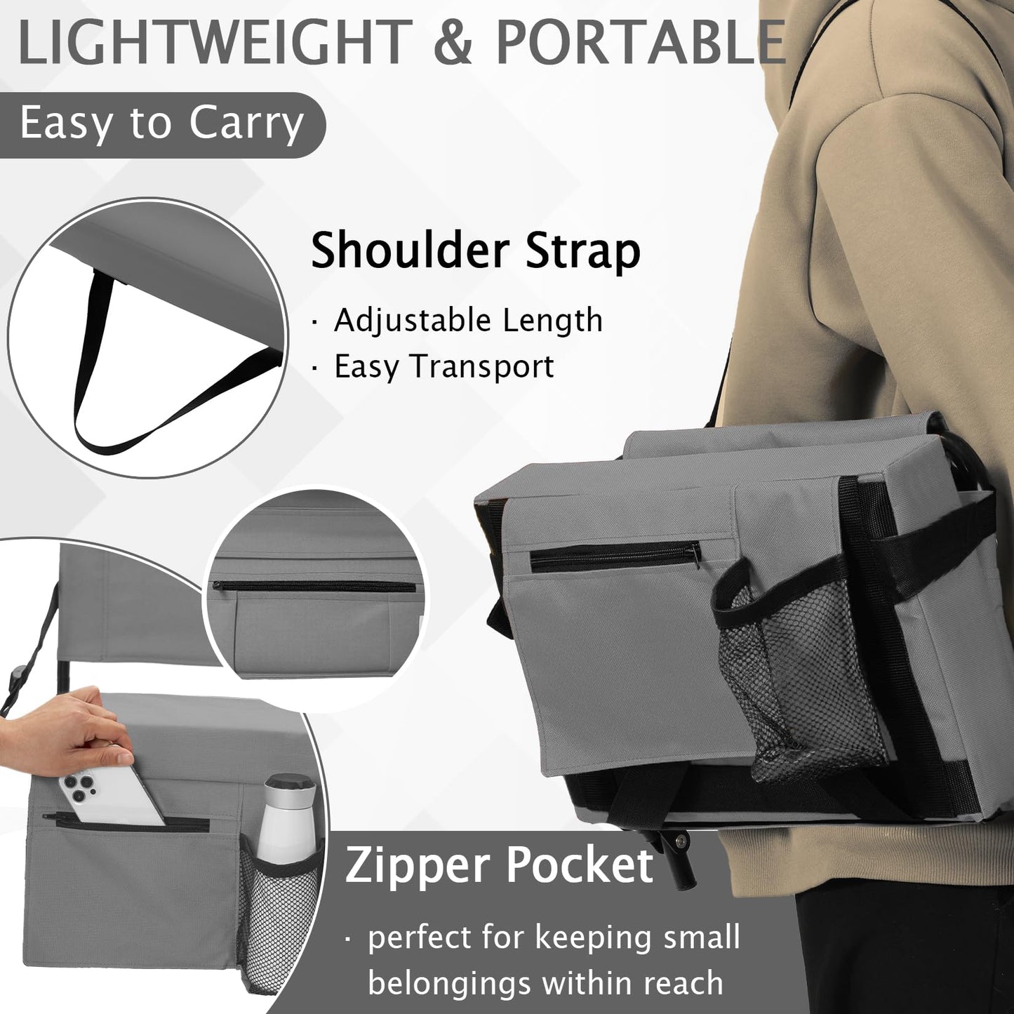 2pcs Stadium Seat for Bleachers with Back Support，Portable Bleacher Chairs with Back and Cushion，Includes Shoulder Strap and Cup Holder