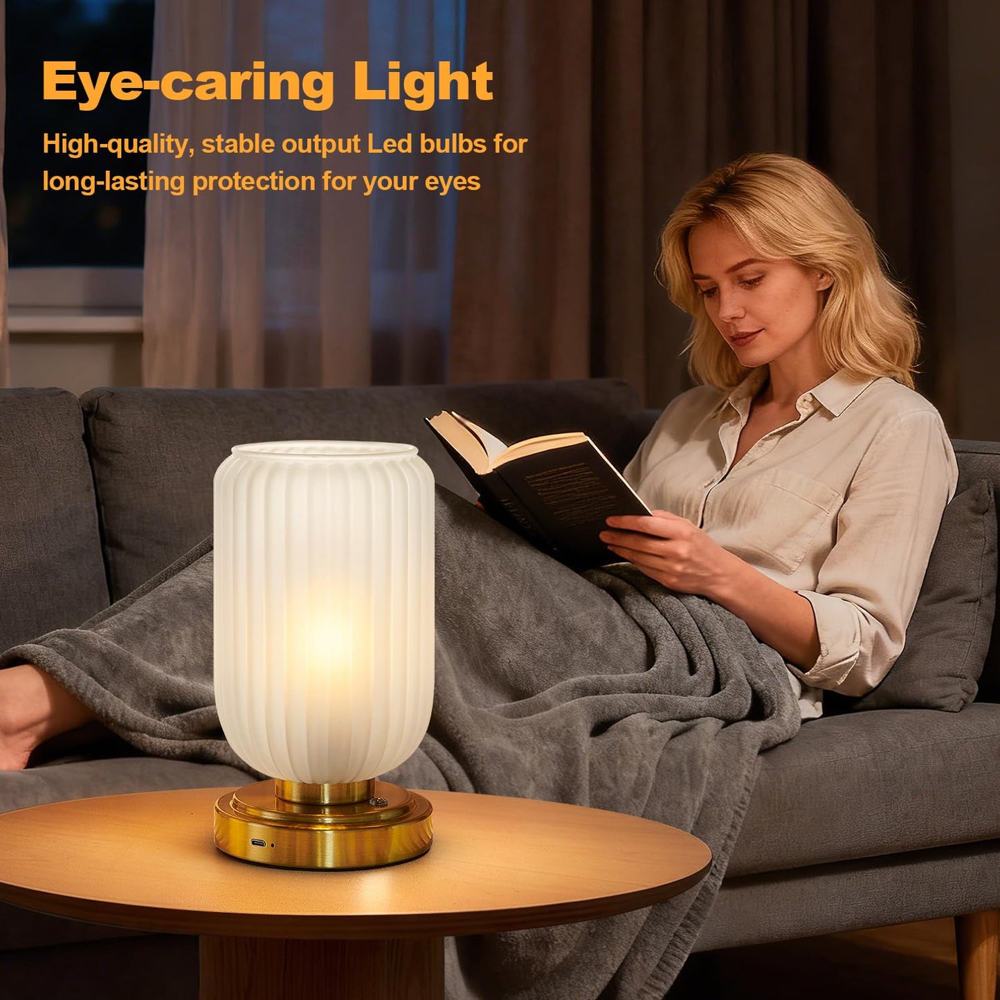 LightRound Cordless Table Lamp for Bedroom, Touch Stepless Dimmable, Modern