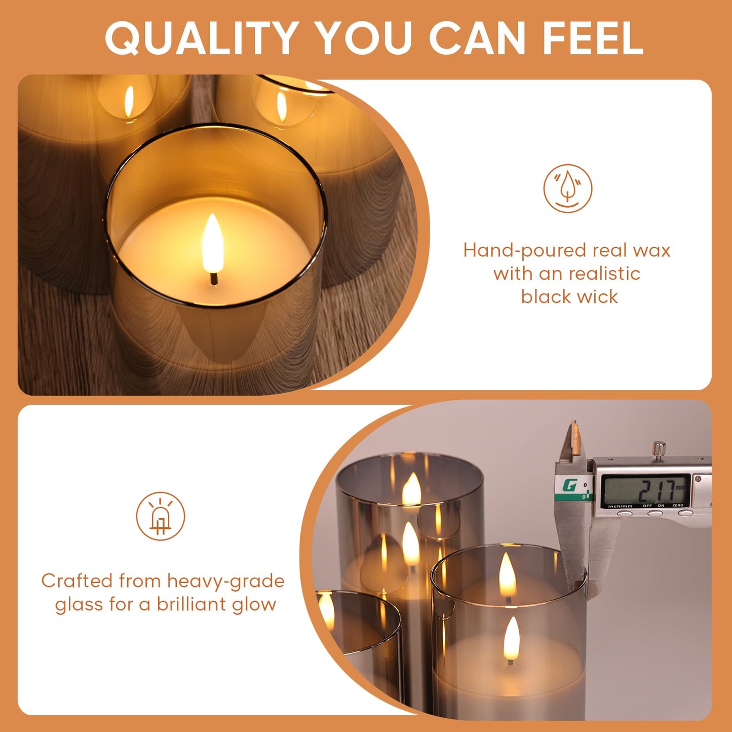 Eywamage Gold Glass Flameless Pillar Candles with Remote, Flickering Fall LED Candles Battery Operated Set of 3