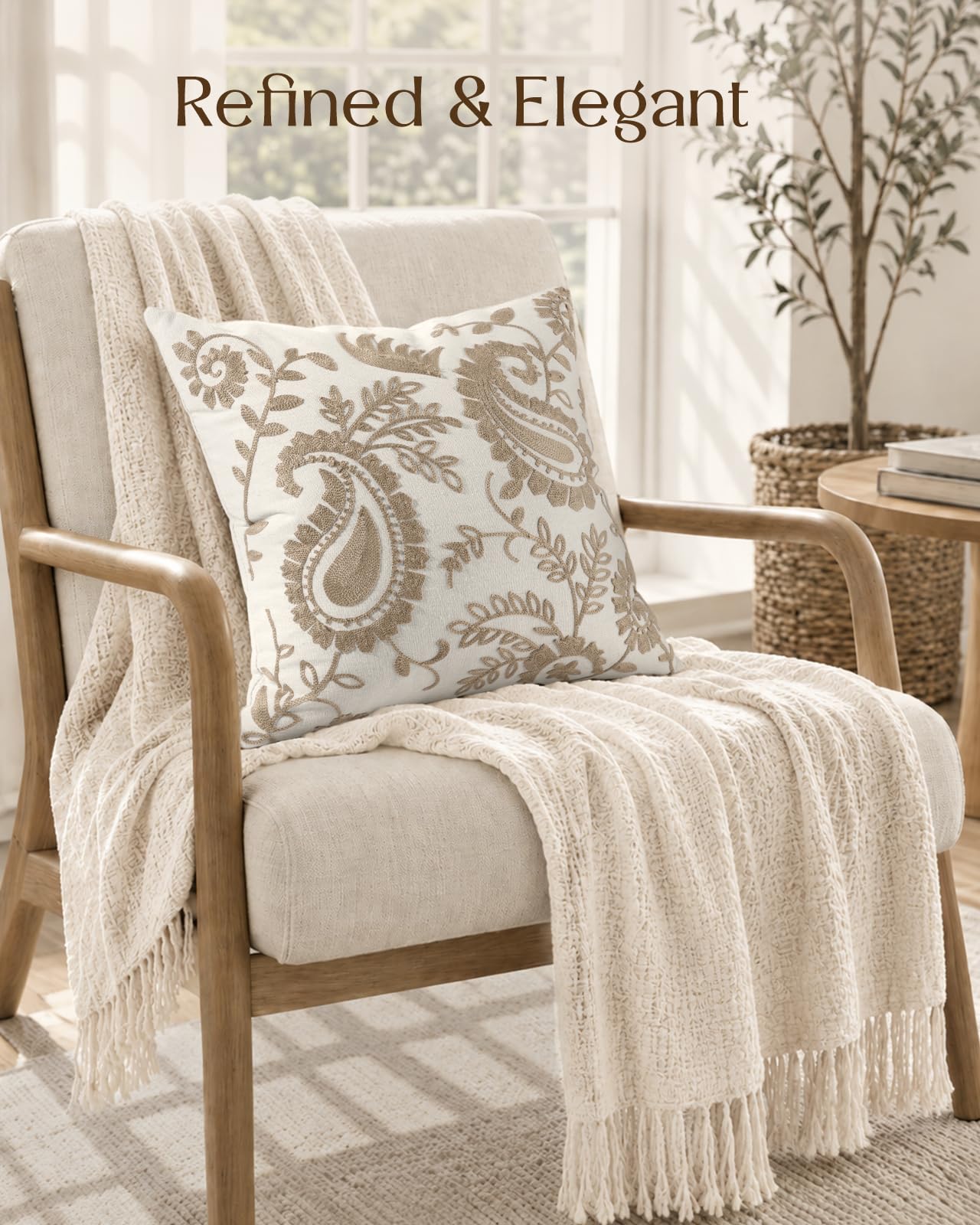 Linen Embroidered Throw Pillow Cover, 18x18 Inch, Khaki Bird