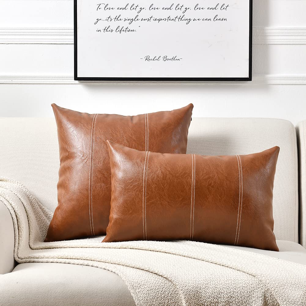 Fancy Homi Brown Boho Long Lumbar Faux Leather Body Decorative Throw Pillow Cover 14x36 Inch for Bedroom Couch Bed Bench, Thick Stylish Solid Rectangle Pillowcase, Rustic Modern Farmhouse Room Decor