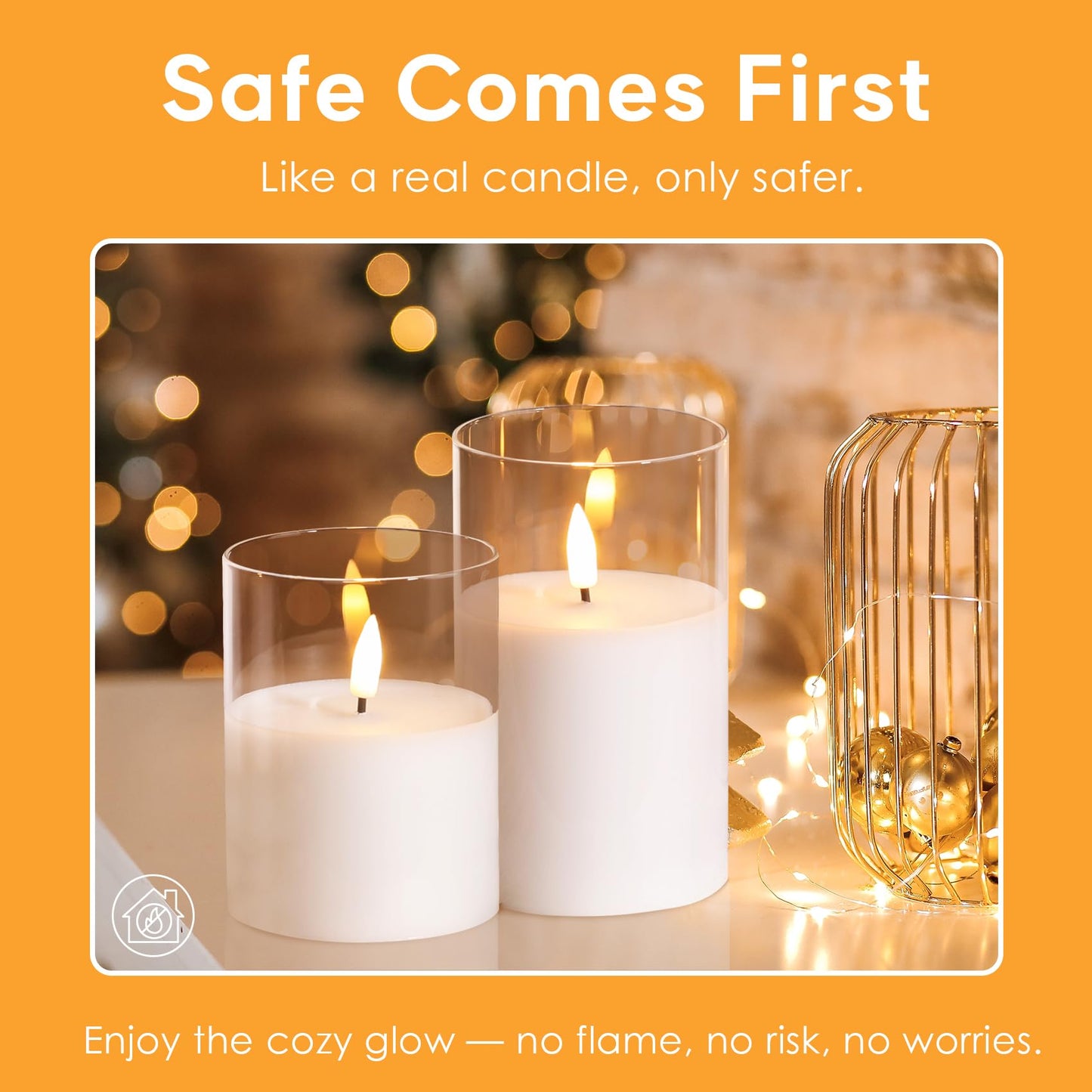 Eywamage Gold Glass Flameless Pillar Candles with Remote, Flickering Fall LED Candles Battery Operated Set of 3