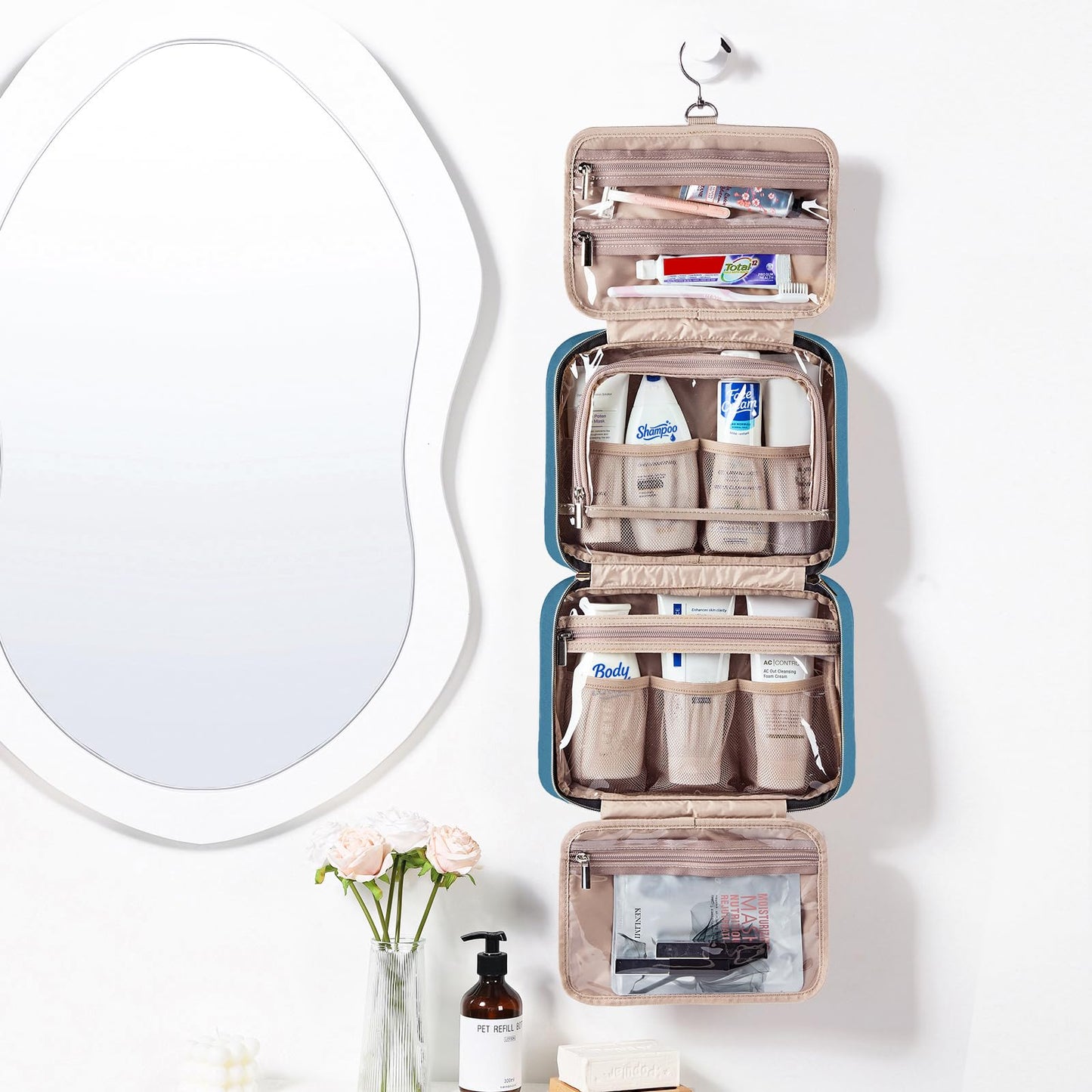 NISHEL Travel Toiletry Bag for women, Portable Hanging makeup Organizer