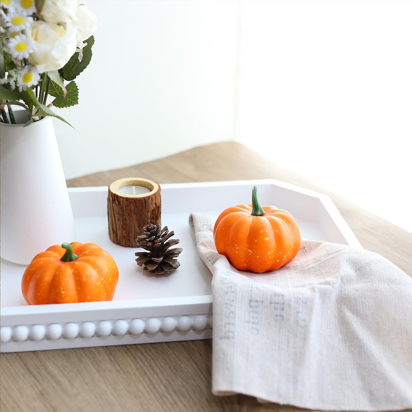 Hrastany Wood Rustic Serving Tray with Beads, Farmhouse Brown Decorative Tray for Table Centerpiece, Christmas Wedding Halloween Home Decor
