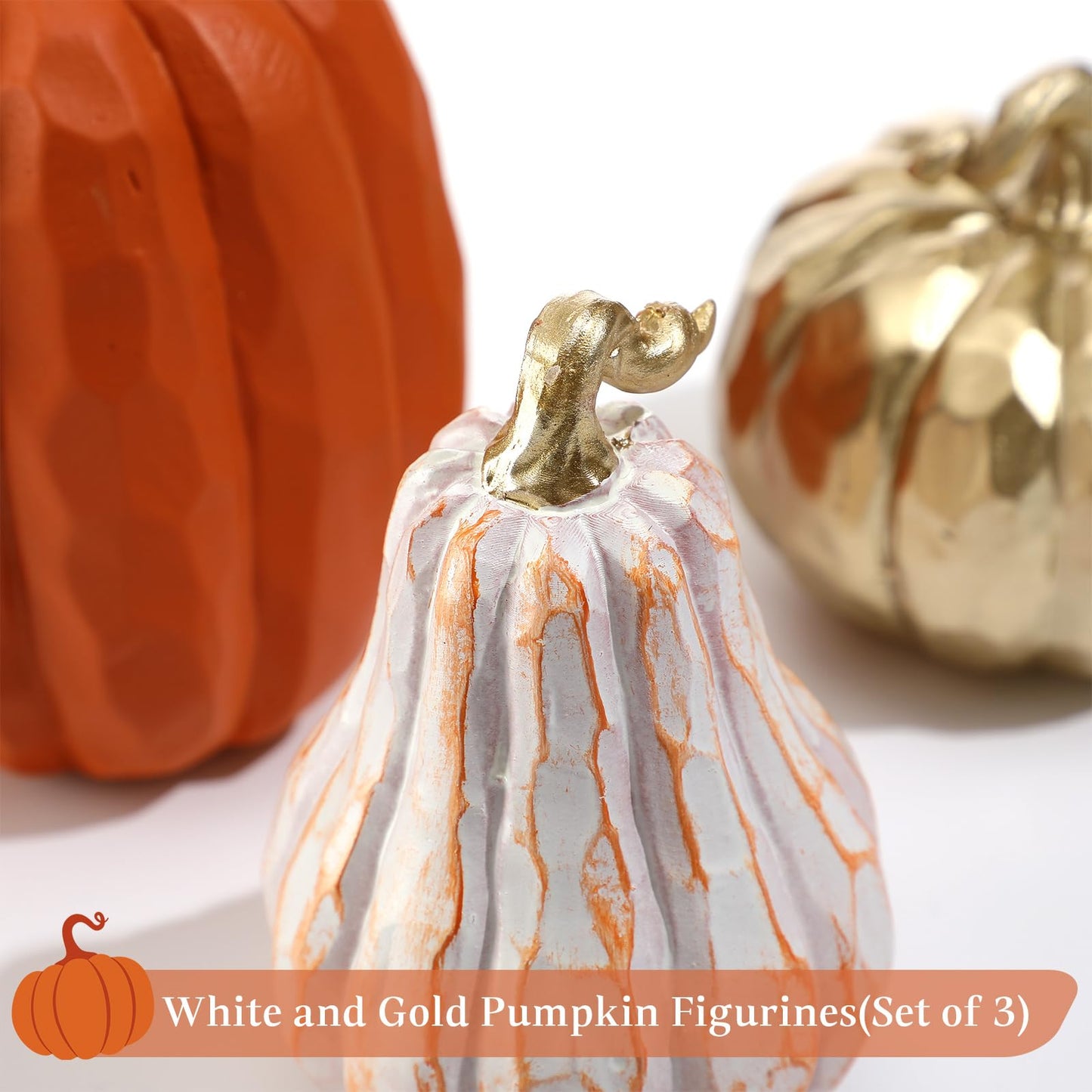 VioraWhite 3 Pack Fall Pumpkin Decor White Gold Resin Pumpkin Figurine