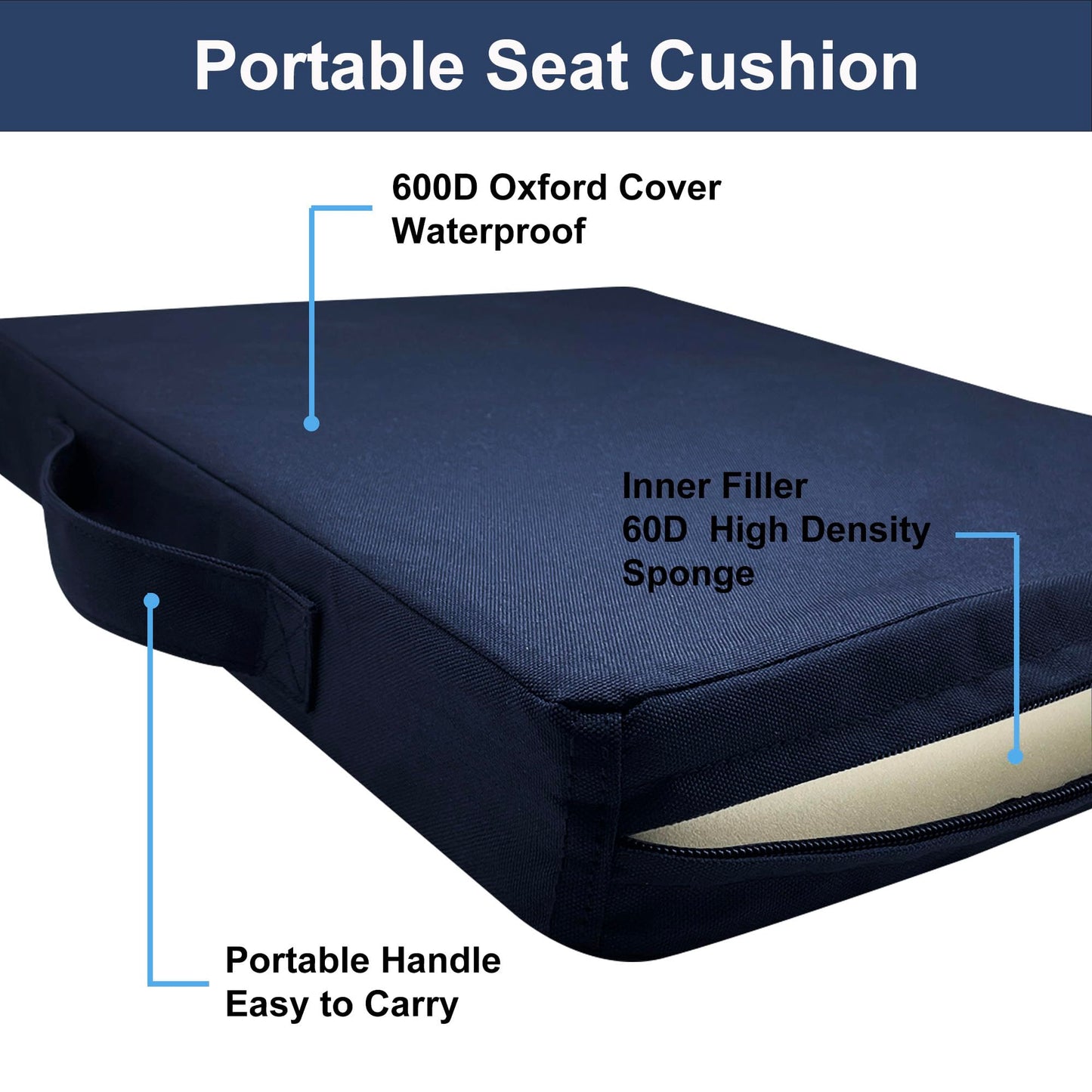 Stadium Seat Cushions 2-Pack 3-Pack, Portable Bleacher Cushions, Waterproof Oxford Fabric, Zipper Design, (Black, 2-Pack)
