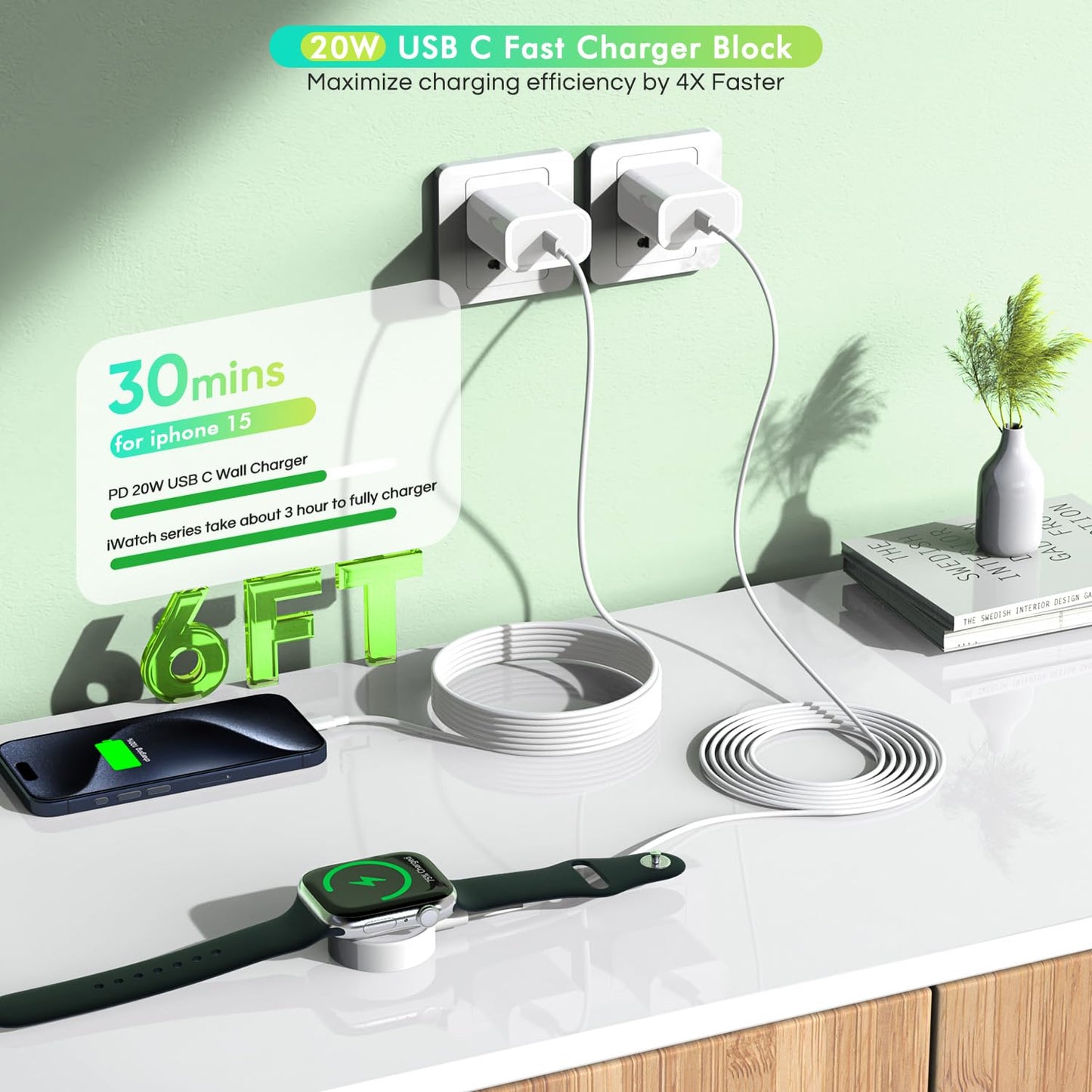 [Apple Certified] 2 in 1 iPhone and Watch Charger 6.6 FT Magnetic iWatch Charging Cable with USB Wall Block Travel Plug Charger for Apple Watch & iPhone