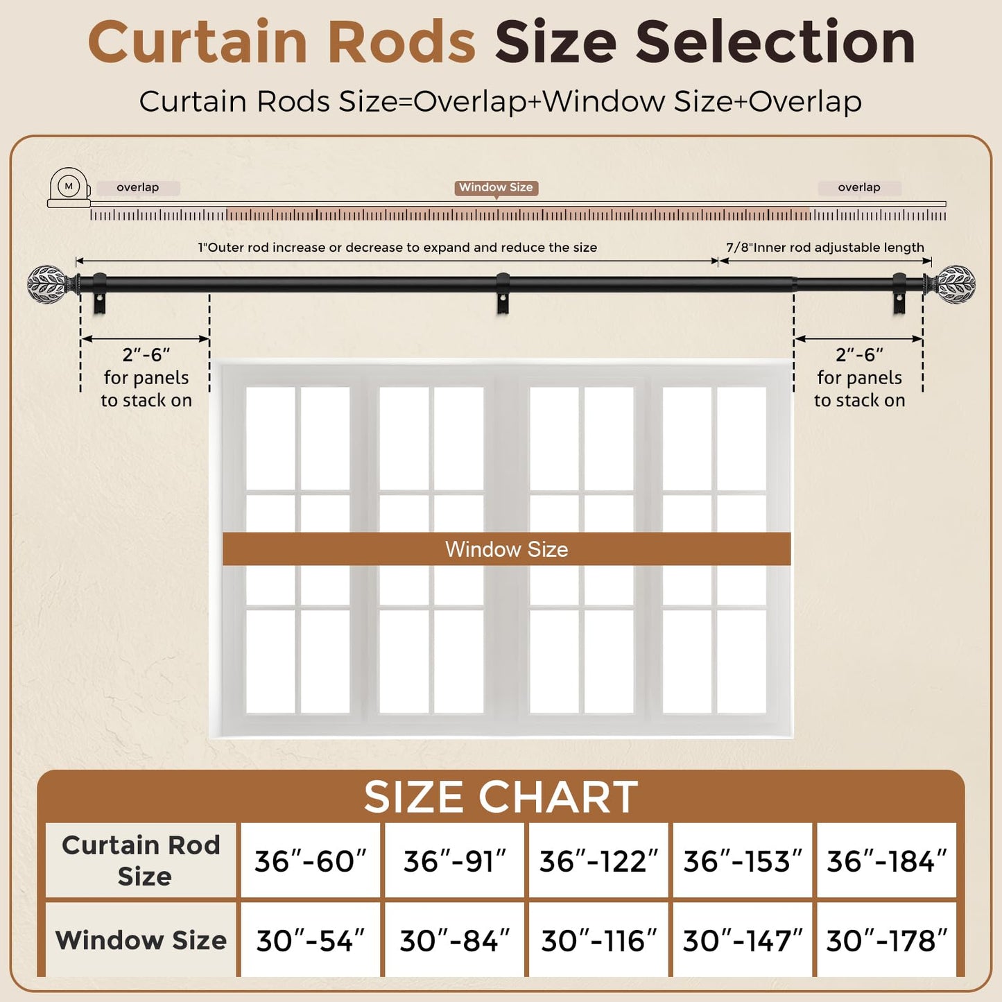 Curtain Rod 36-91 Inch, Boho Wood 1 Inch Curtain Rods for Windows