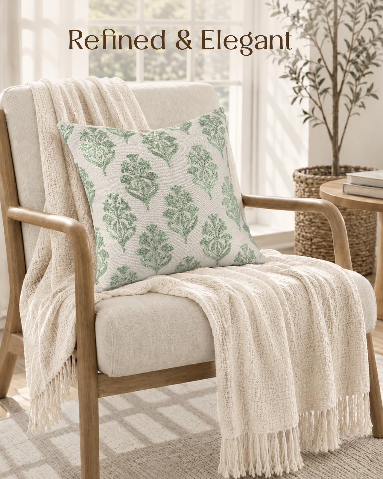 Linen Embroidered Throw Pillow Cover, 18x18 Inch, Khaki Bird
