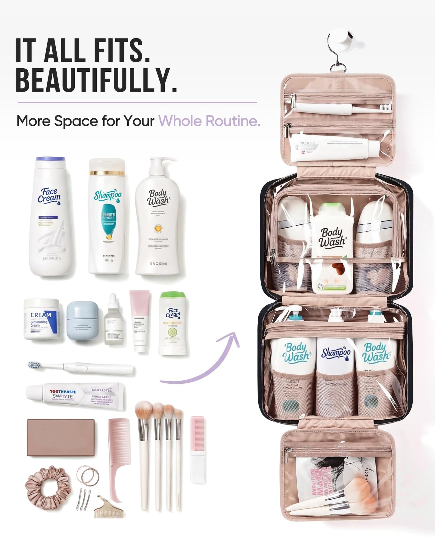 NISHEL Travel Toiletry Bag for women, Portable Hanging makeup Organizer