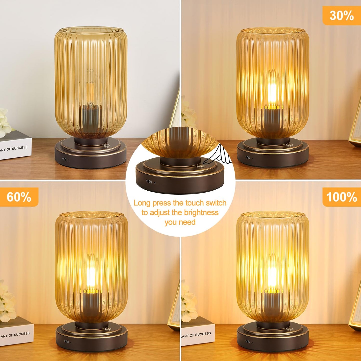 LightRound Cordless Table Lamp for Bedroom, Touch Stepless Dimmable, Modern