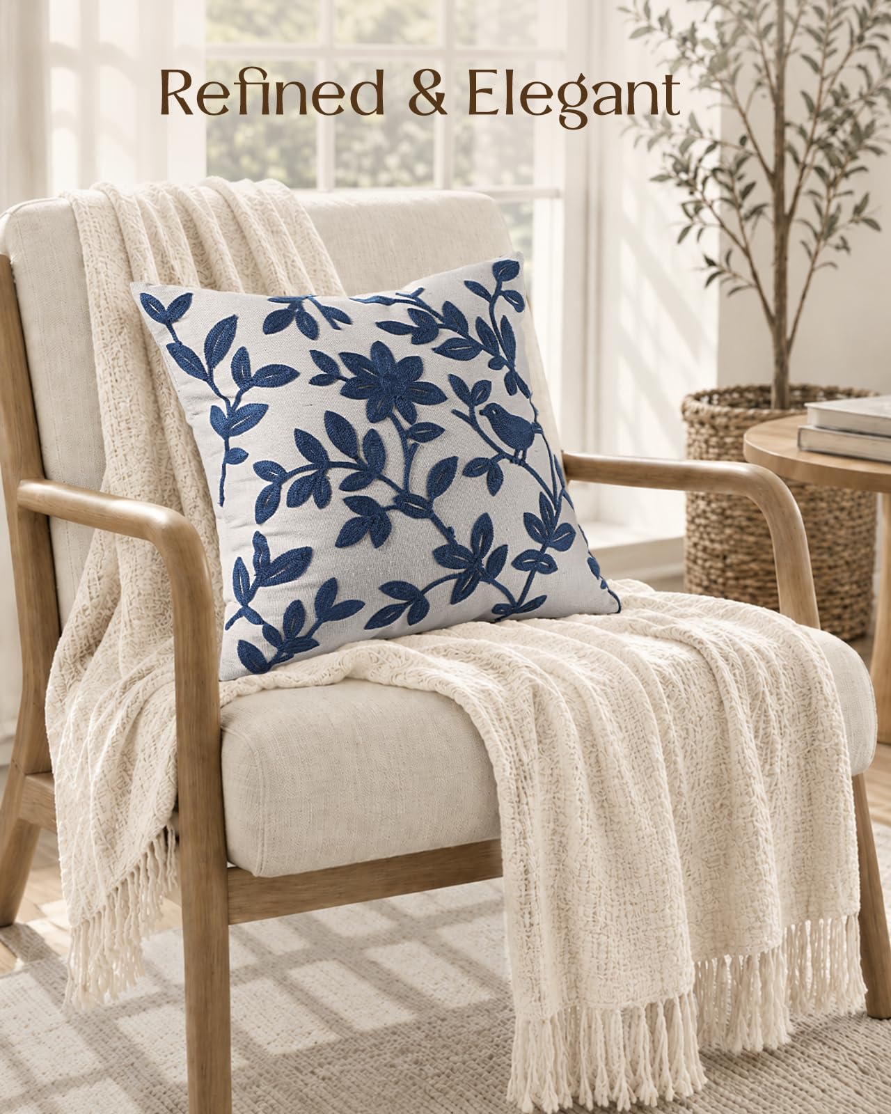 Linen Embroidered Throw Pillow Cover, 18x18 Inch, Khaki Bird