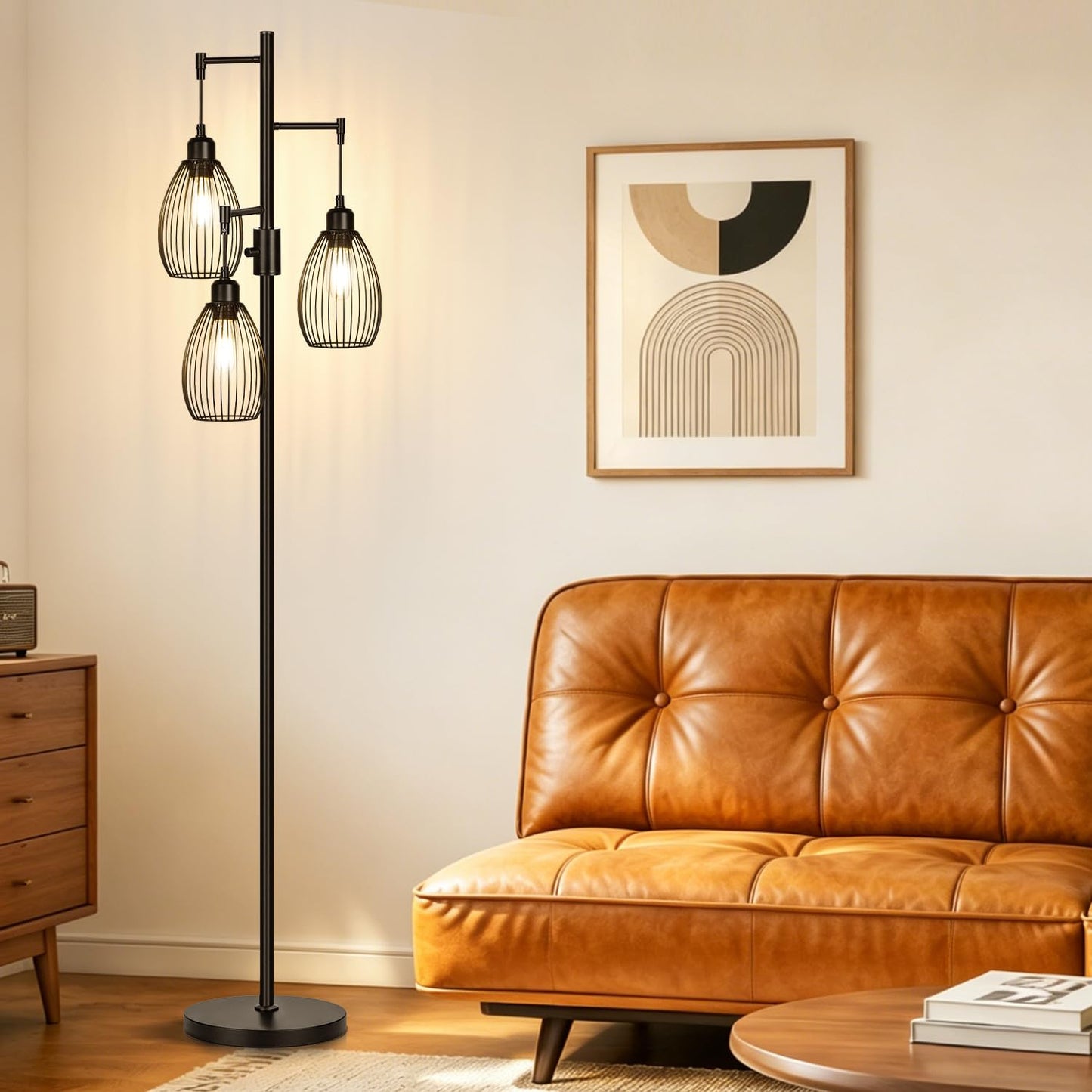 Dimmable Floor Lamp, Industrial Floor Lamps for Living Room, Gold Tree Lamp Standing Lamp Tall Lamps with 3 Elegant Teardrop Cage Head & 800 Lumens LED Bulbs for Living room Bedroom Office Dining Room