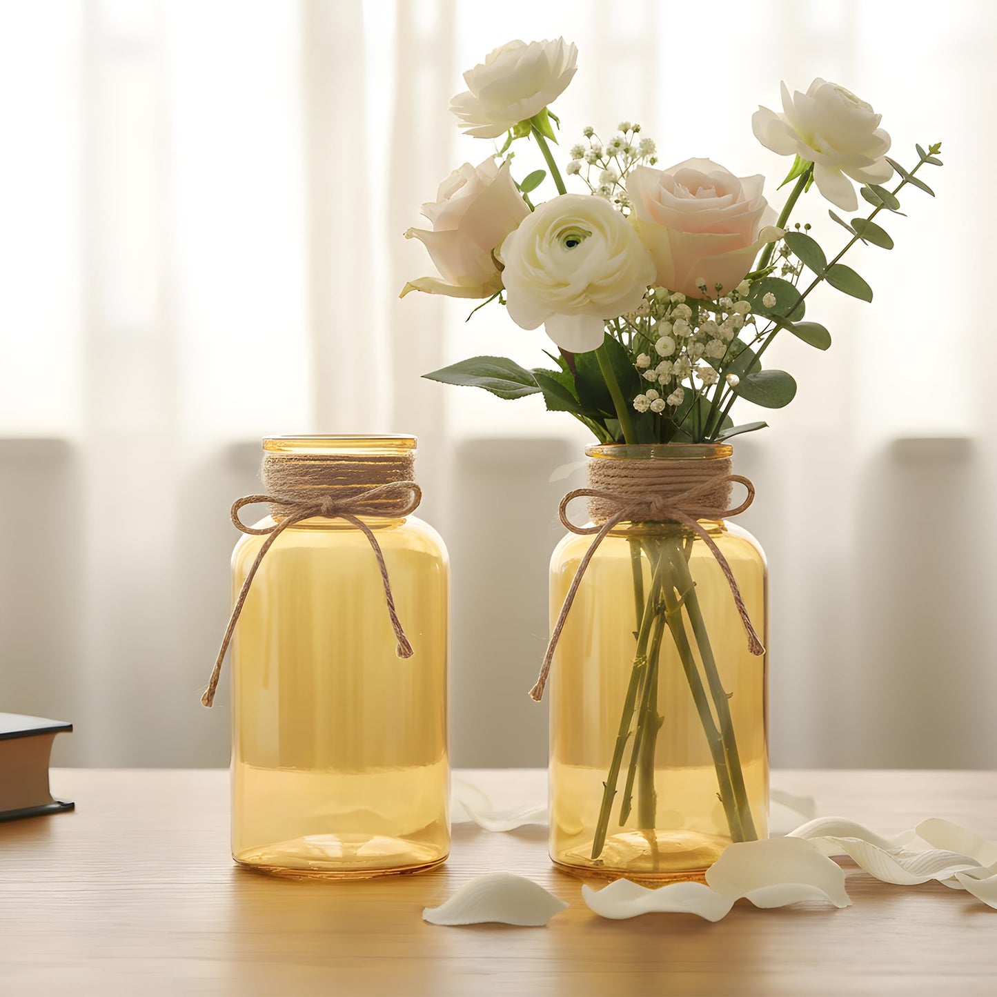 3 Pack Mason Jar Vases for Centerpieces, Amber Glass Flower Vase