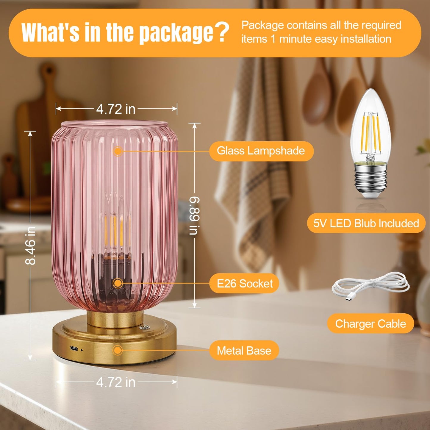 LightRound Cordless Table Lamp for Bedroom, Touch Stepless Dimmable, Modern