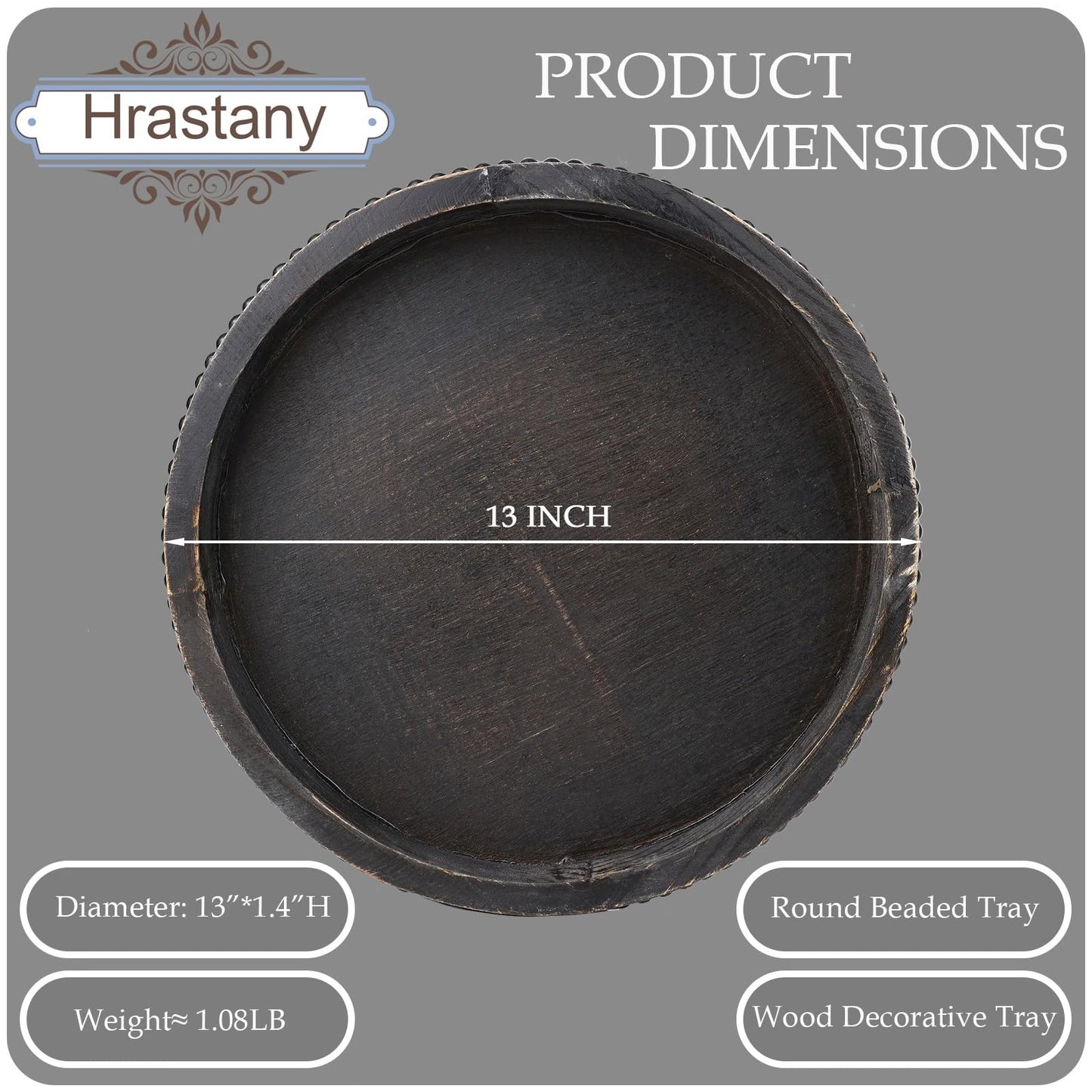 Hrastany Wood Rustic Serving Tray with Beads, Farmhouse Brown Decorative Tray for Table Centerpiece, Christmas Wedding Halloween Home Decor