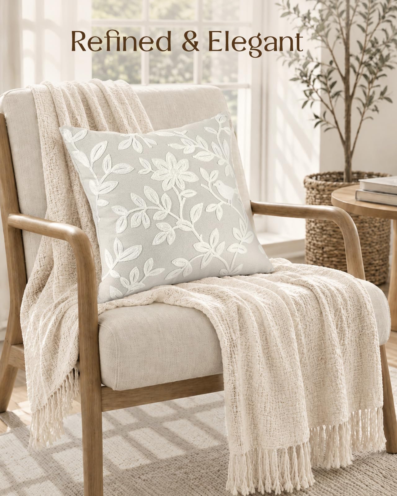 Linen Embroidered Throw Pillow Cover, 18x18 Inch, Khaki Bird