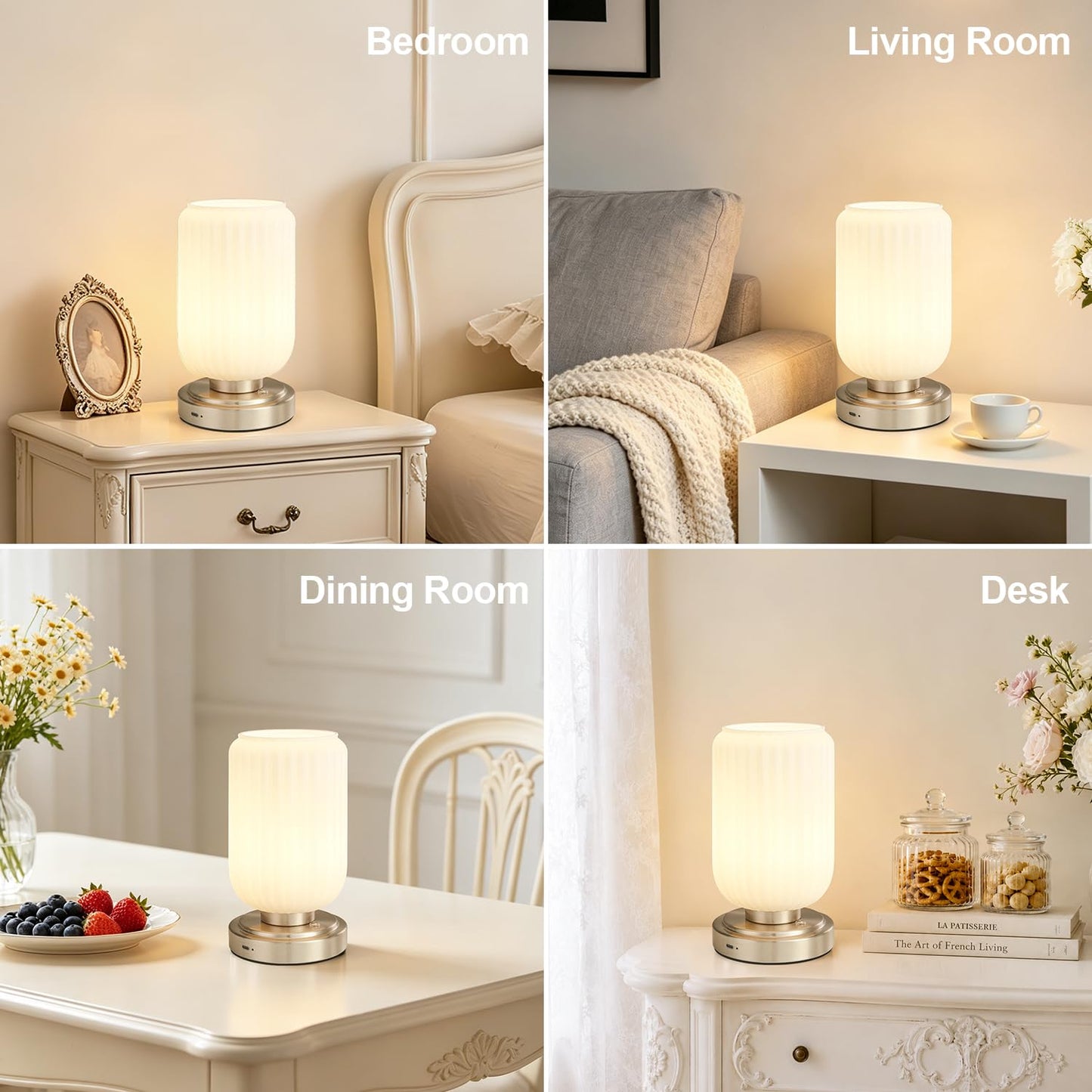 LightRound Cordless Table Lamp for Bedroom, Touch Stepless Dimmable, Modern