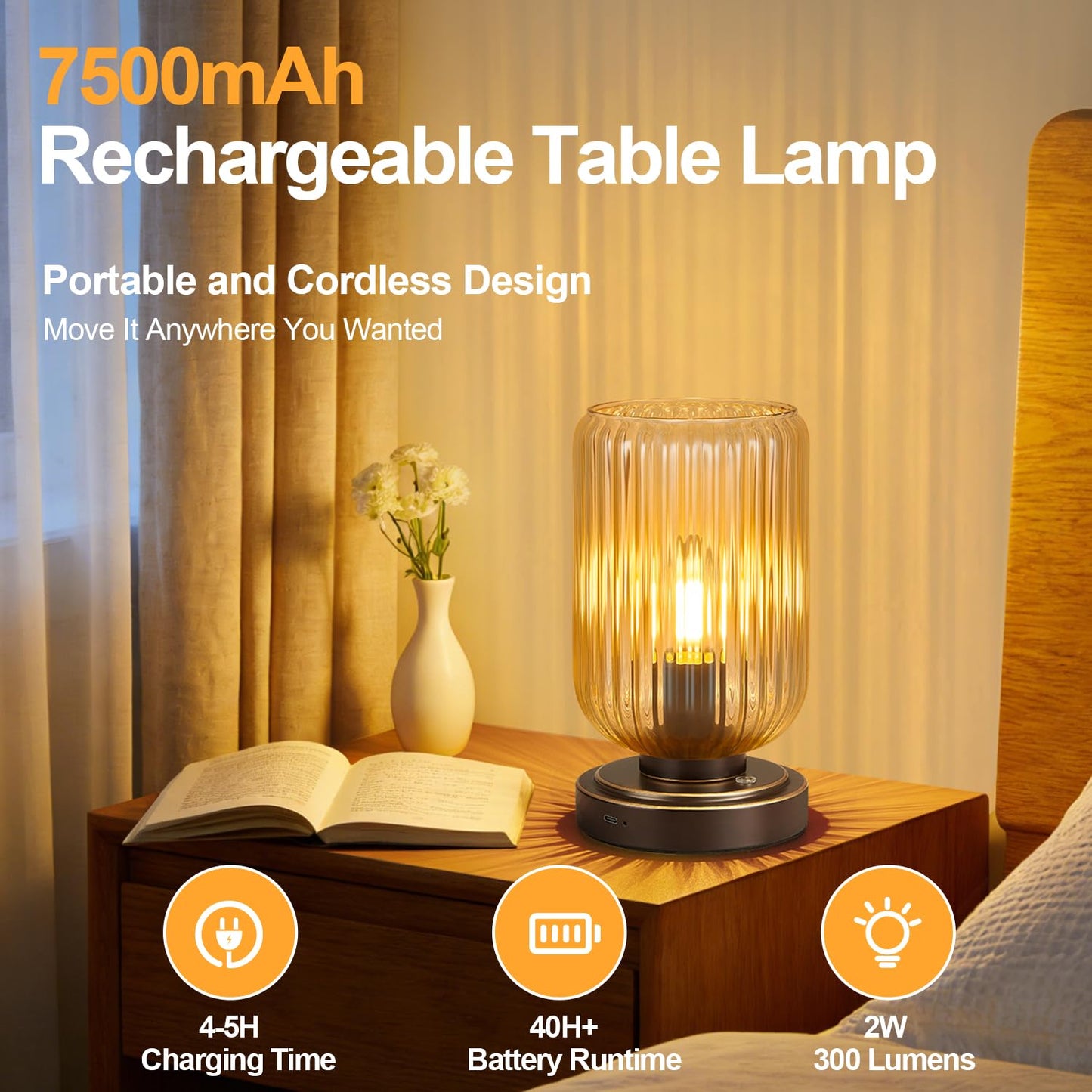 LightRound Cordless Table Lamp for Bedroom, Touch Stepless Dimmable, Modern