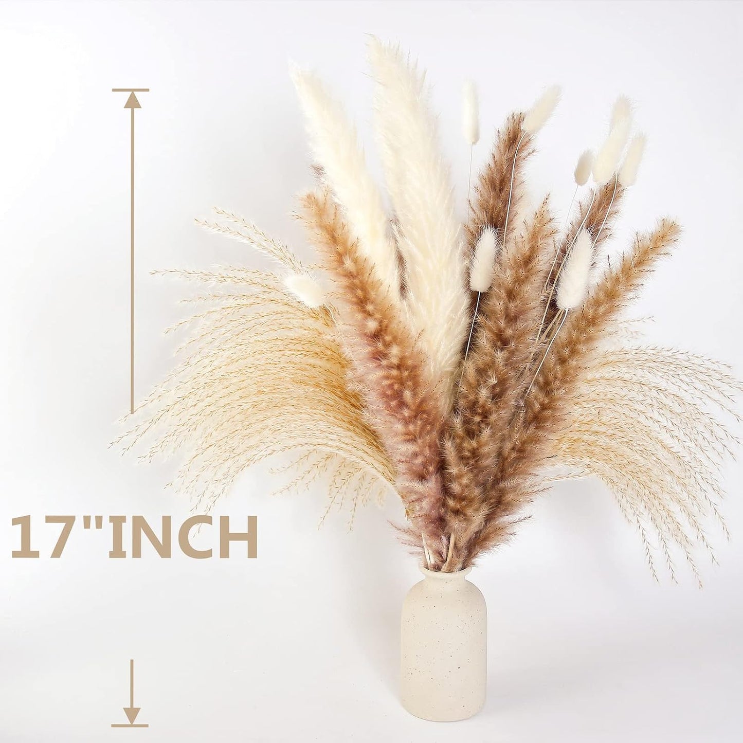Dried Pampas Grass Decor, 100 Stems Pampas Grass Contains Bunny Tails Dried Flowers, Reed Grass Bouquet for Wedding Boho Flowers Home Table Decor, Rustic Farmhouse Party (17", White and Brown)