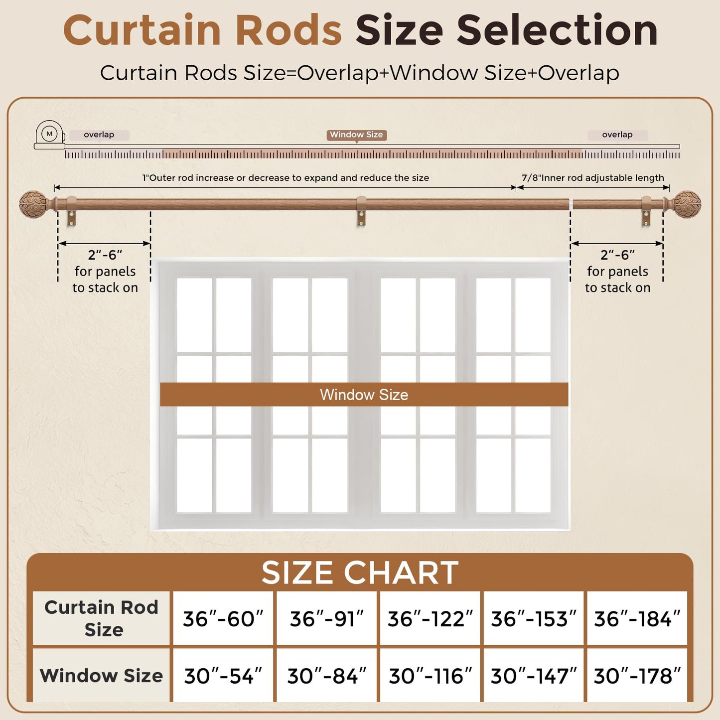 Curtain Rod 36-91 Inch, Boho Wood 1 Inch Curtain Rods for Windows