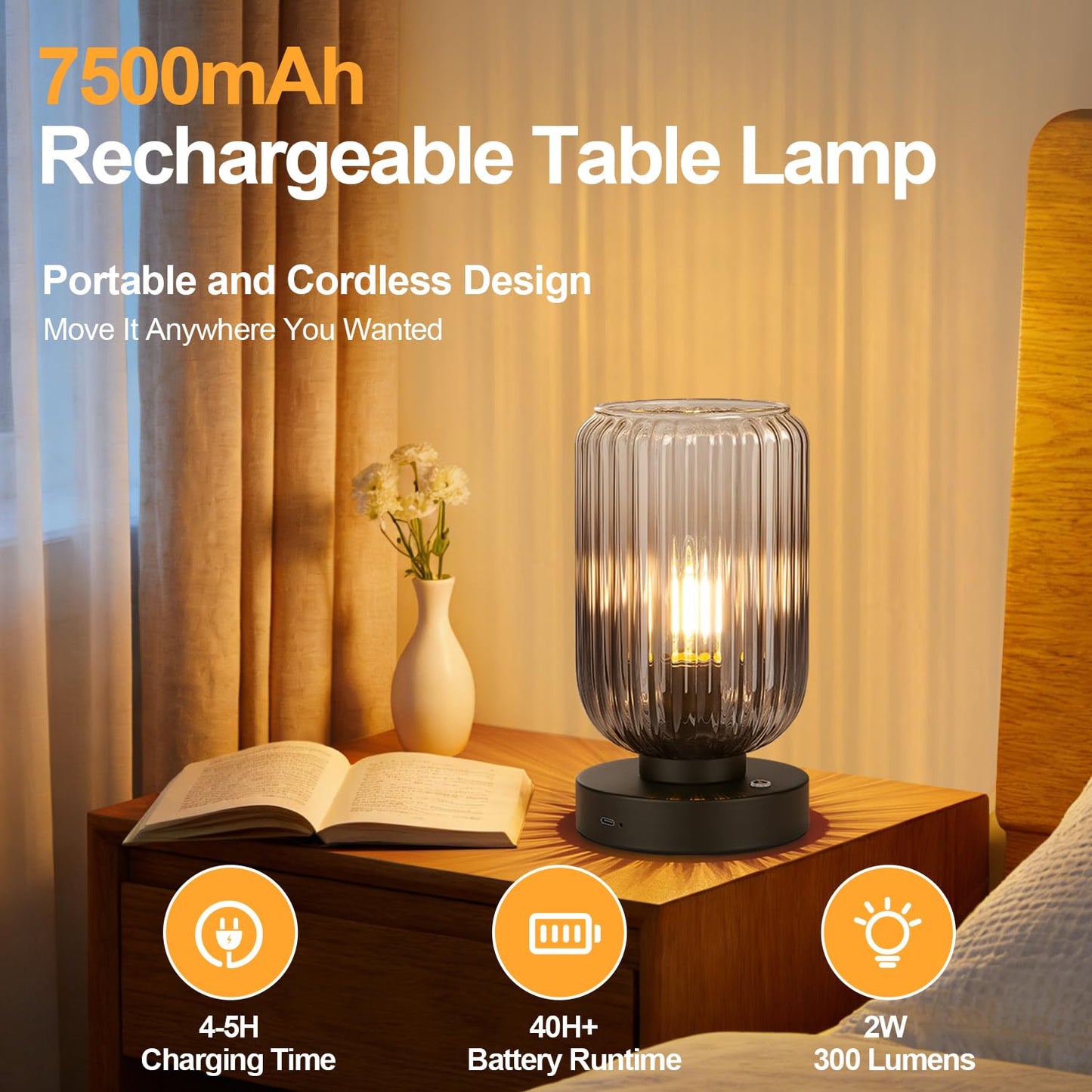 LightRound Cordless Table Lamp for Bedroom, Touch Stepless Dimmable, Modern