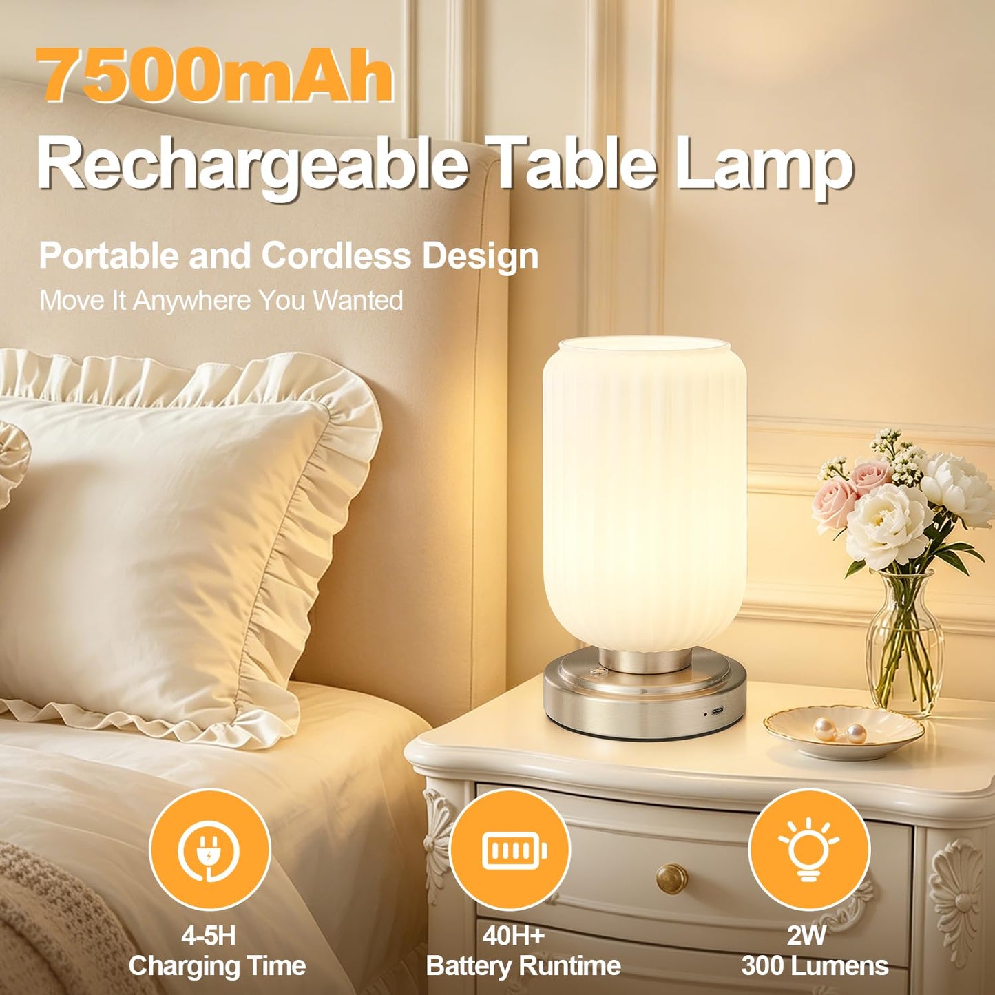 LightRound Cordless Table Lamp for Bedroom, Touch Stepless Dimmable, Modern