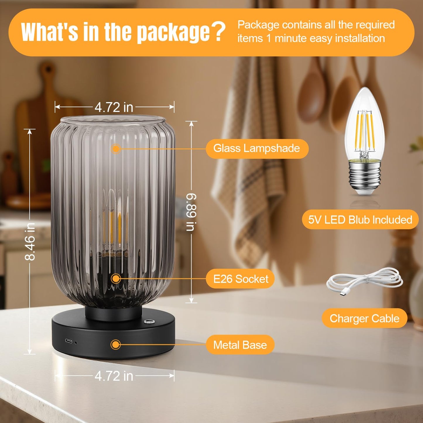 LightRound Cordless Table Lamp for Bedroom, Touch Stepless Dimmable, Modern