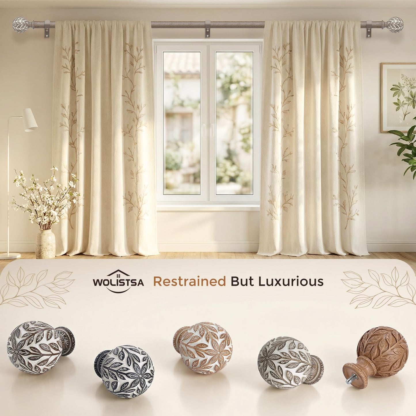 Curtain Rod 36-91 Inch, Boho Wood 1 Inch Curtain Rods for Windows